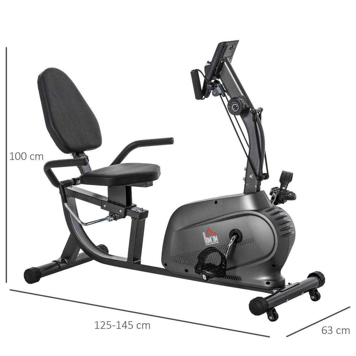 HOMCOM Vélo d'appartement semi-allongé magnétique écran LCD multifonction selle réglable 2 bandes résistance acier noir