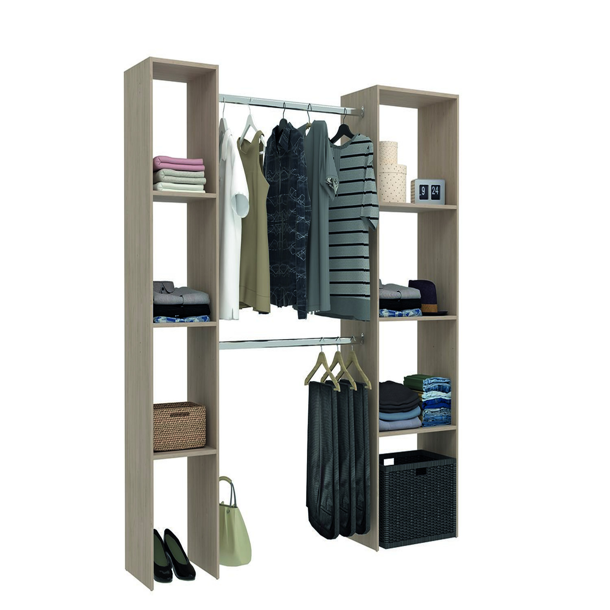 Voir la diapositive 2 : CONCEPT USINE Dressing bois avec 6 étagères et 2 penderies : 198 x 40 x 180 cm ELYSEE