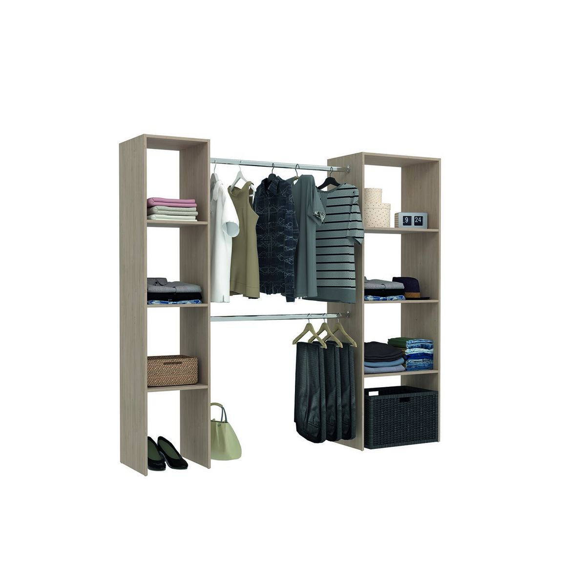 CONCEPT USINE Dressing bois avec 6 étagères et 2 penderies : 198 x 40 x 180 cm ELYSEE