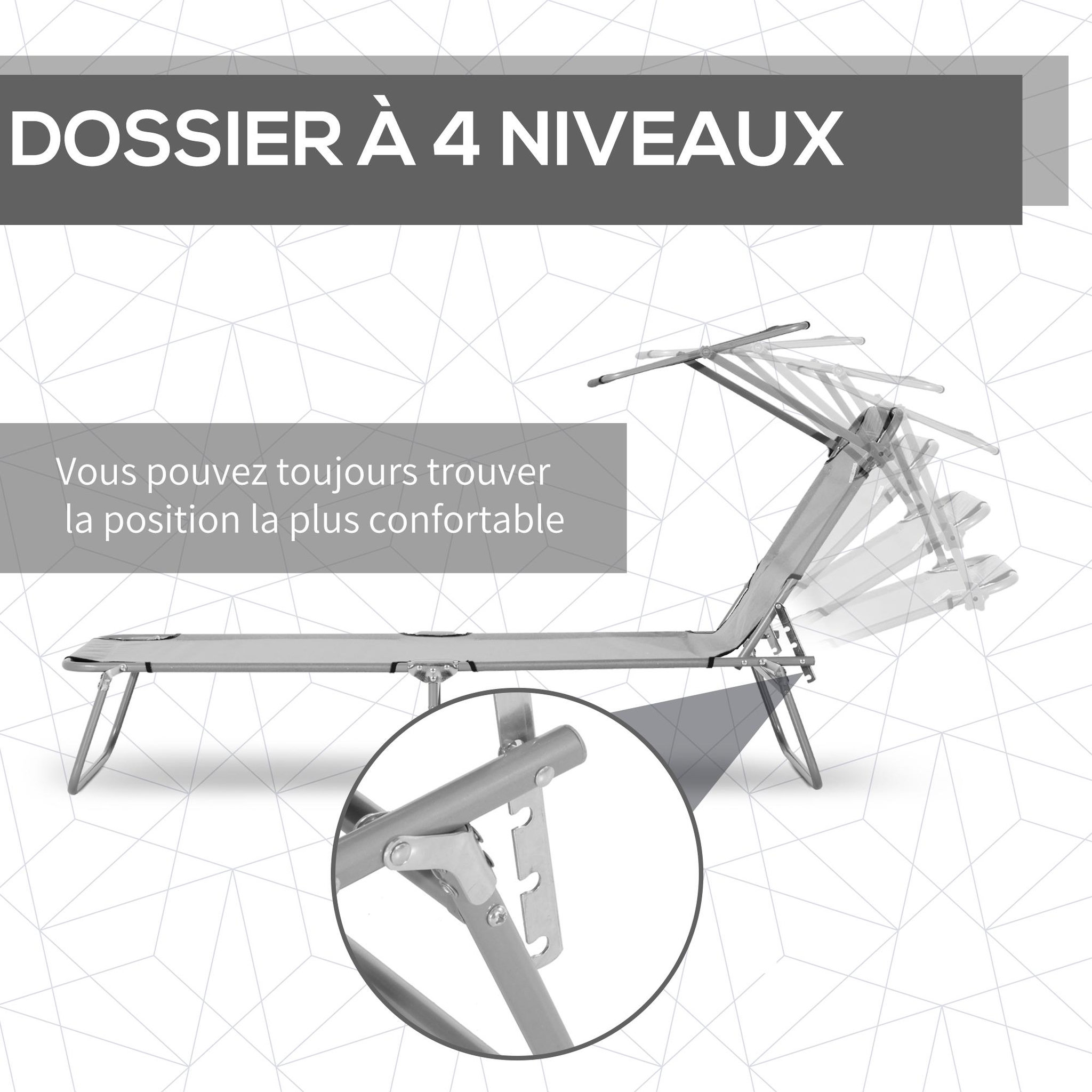 Voir la diapositive 5 : OUTSUNNY Transat bain de soleil pliable grand confort dossier et pare-soleil réglable multi-positions gris clair