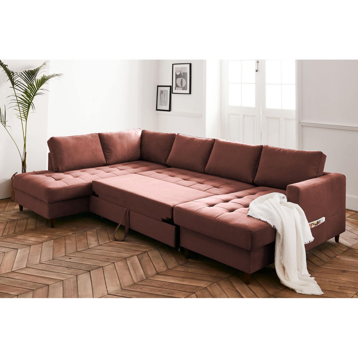 LISA DESIGN Anna - canapé panoramique d'angle gauche - 7 places - convertible avec coffre - en velours