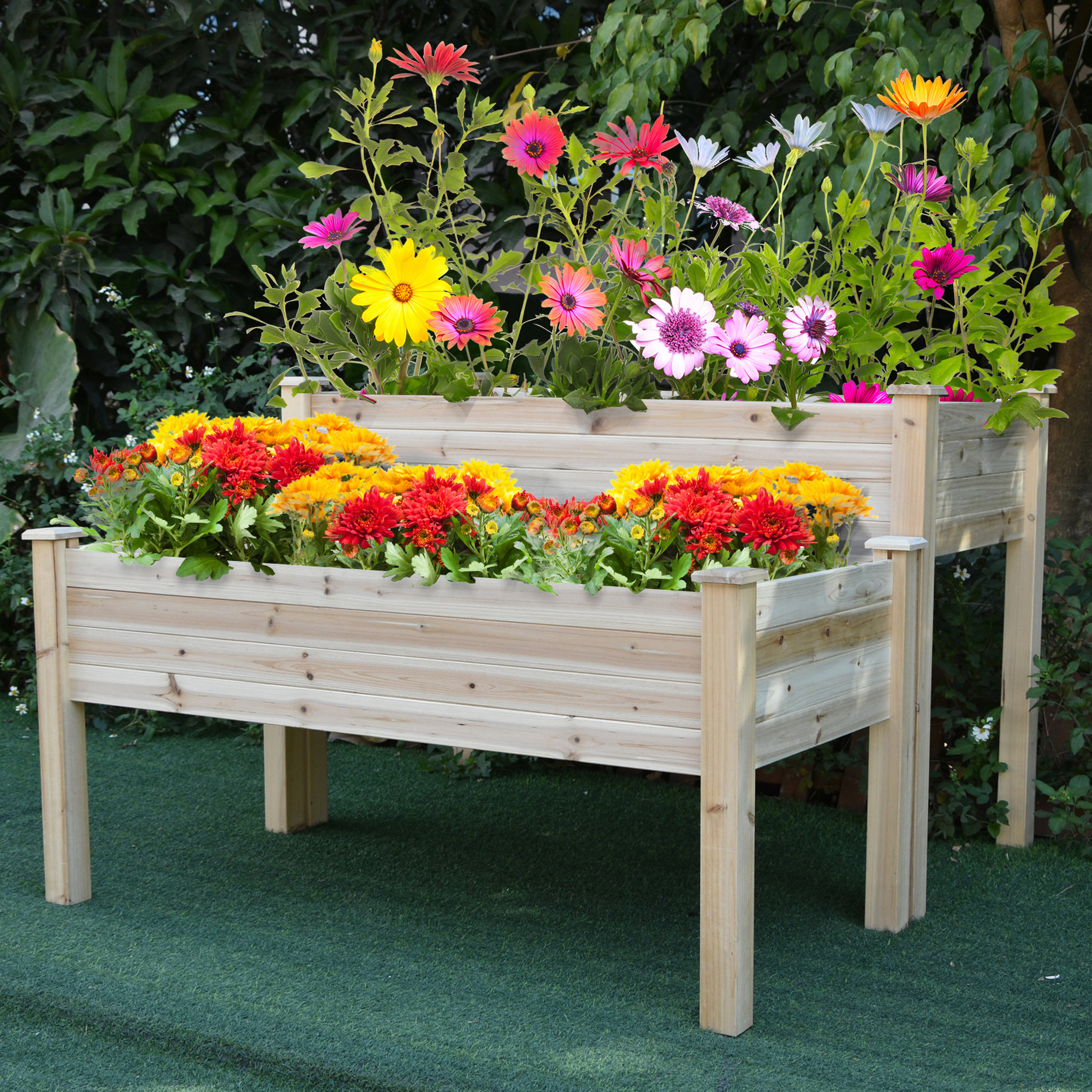 Voir la diapositive 4 : OUTSUNNY Jardinière sur pieds carré potager 2 étages dim. 115L x 114l x 76H cm inserts d'irrigation bois sapin naturel