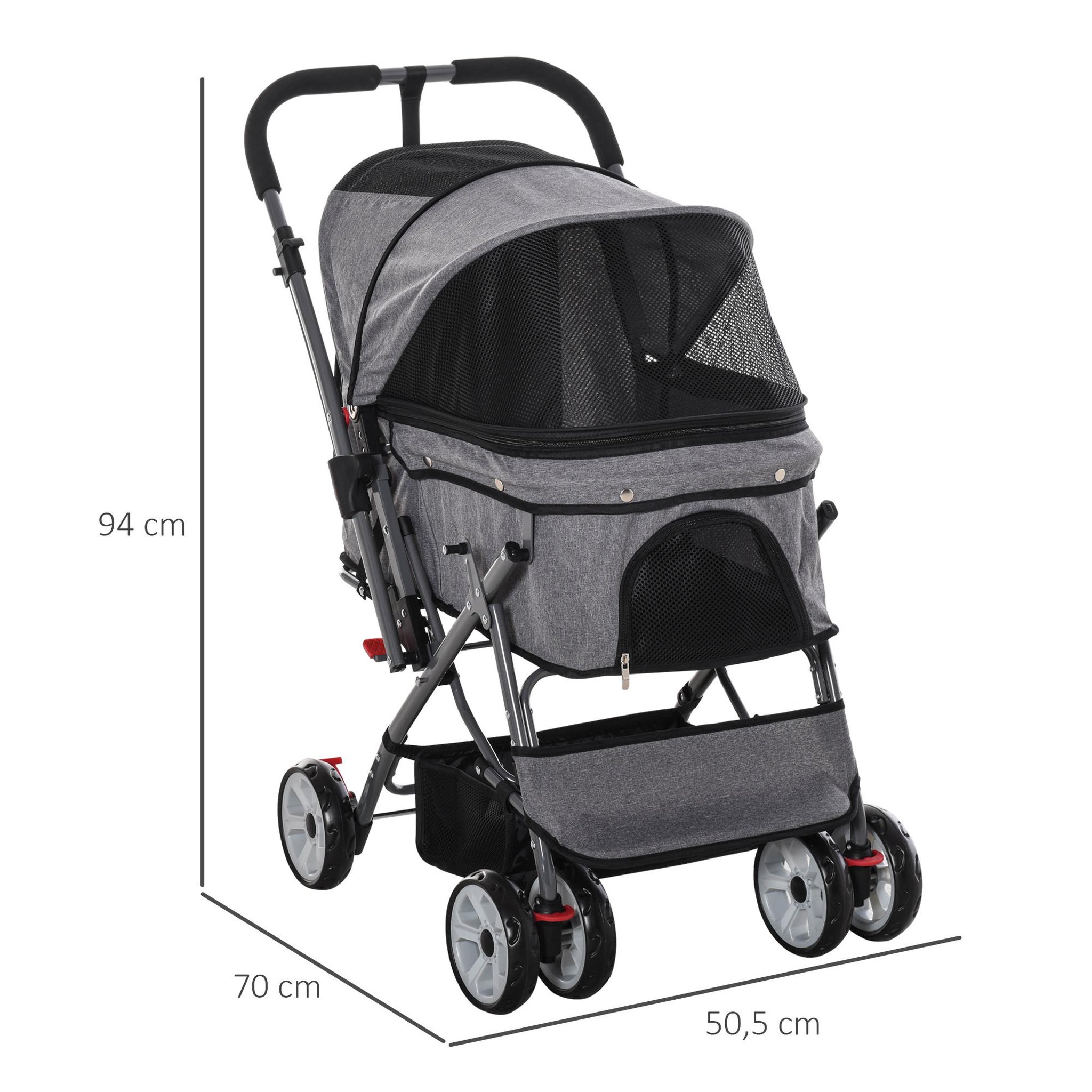 Voir la diapositive 3 : PAWHUT Poussette buggy pliable chien chat panier et sac de rangement attaches sécurité housse réglable poignée réversible acier oxford gris chiné noir