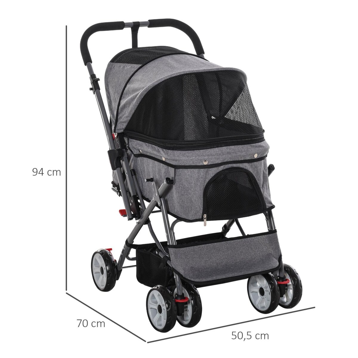 PAWHUT Poussette buggy pliable chien chat panier et sac de rangement attaches sécurité housse réglable poignée réversible acier Oxford gris chiné noir