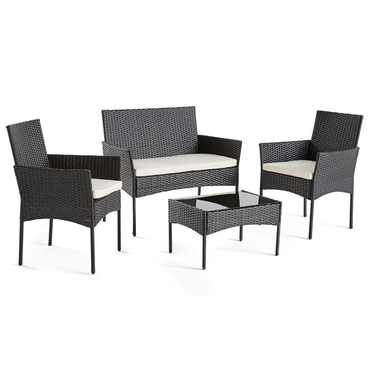 BEST MOBILIER Marbella - salon bas de jardin 4 places - en résine tressée - noir avec coussins beiges