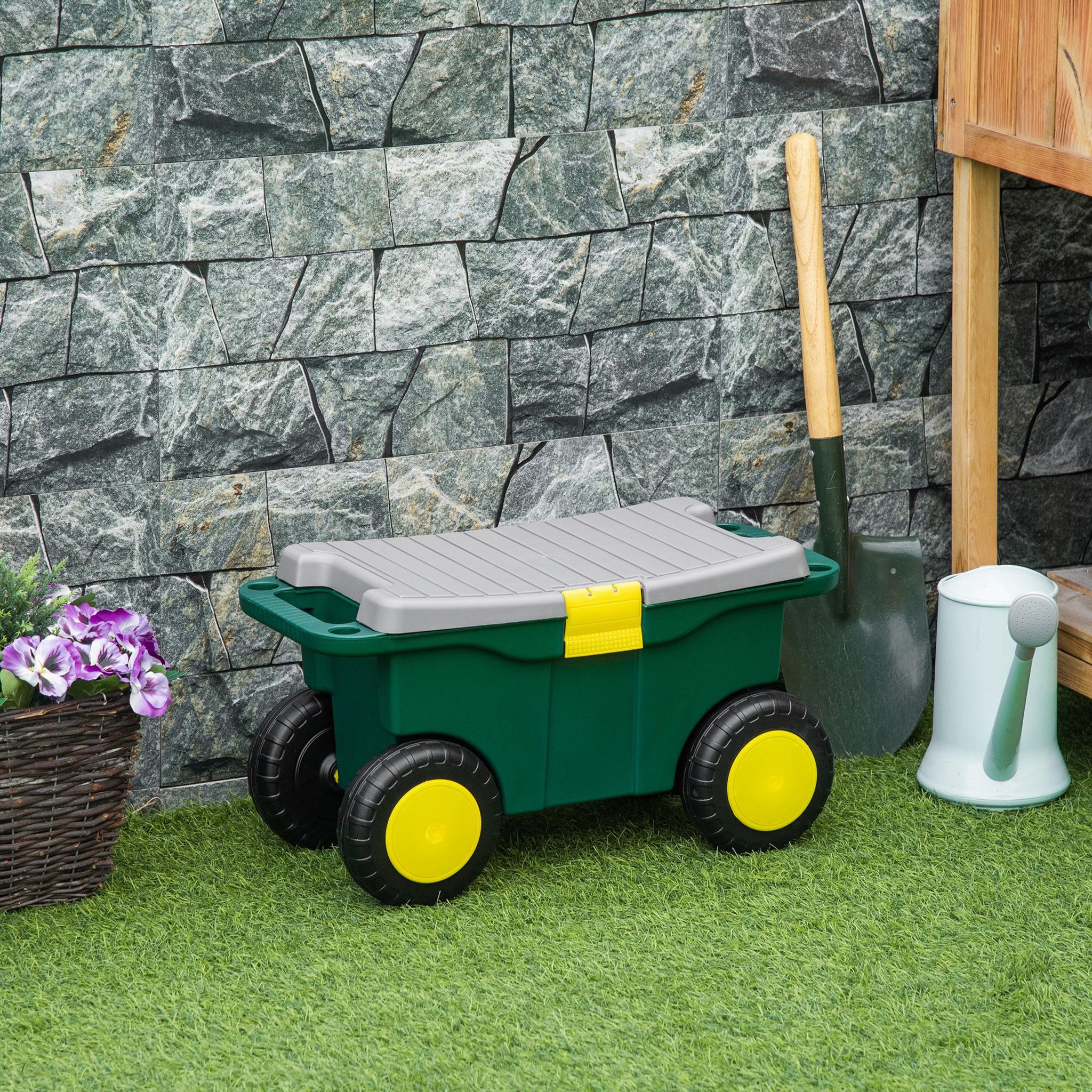 Voir la diapositive 6 : OUTSUNNY Tabouret de jardin caisse à outils 2 en 1 - coffre et plaque compartimentée de rangement verrouillable - 4 roulettes, 2 poignées - PP gris jaune vert