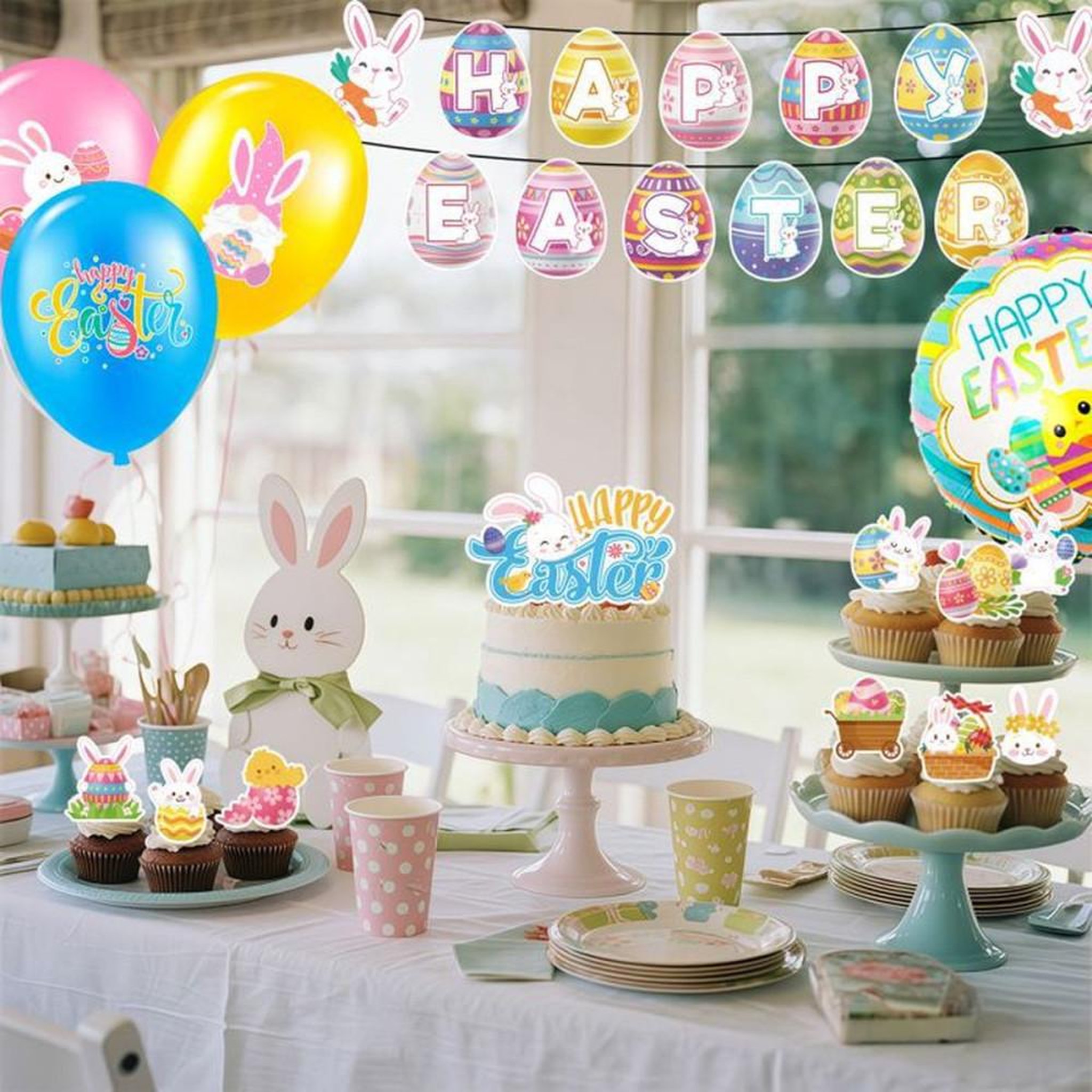Voir la diapositive 3 : Kit décoration Pâques Lapin Happy Easter : banderole, décor de fond, 20 ballons multicolores ronds et 24 pics cupcakes