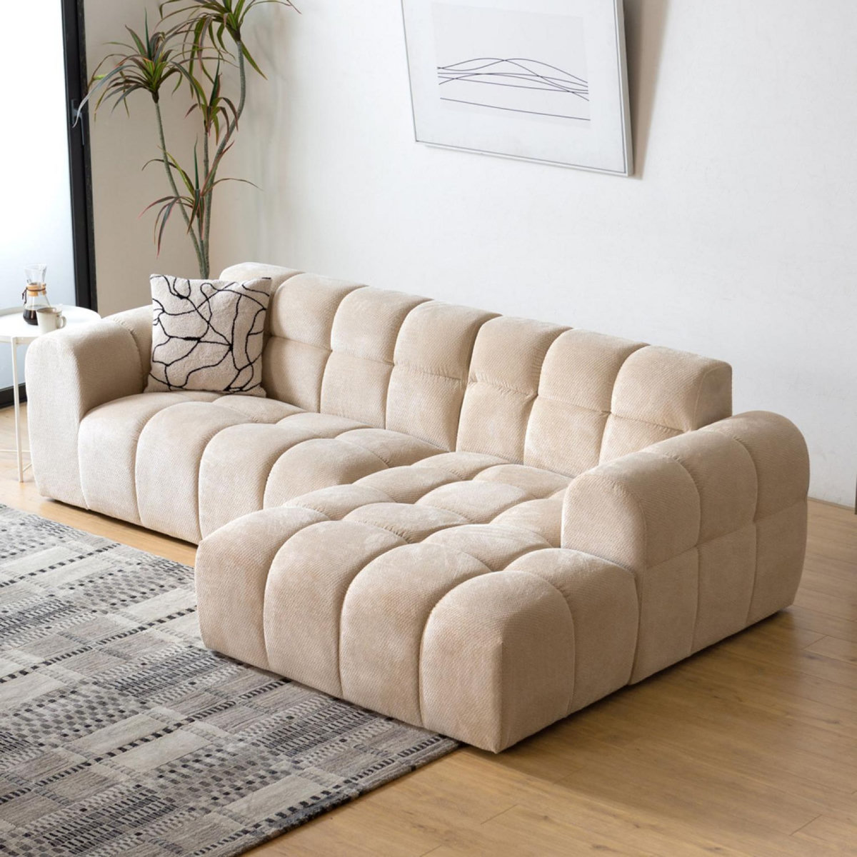 CONCEPT USINE Canapé d'angle 3 places nuage en velours beige SALFORD