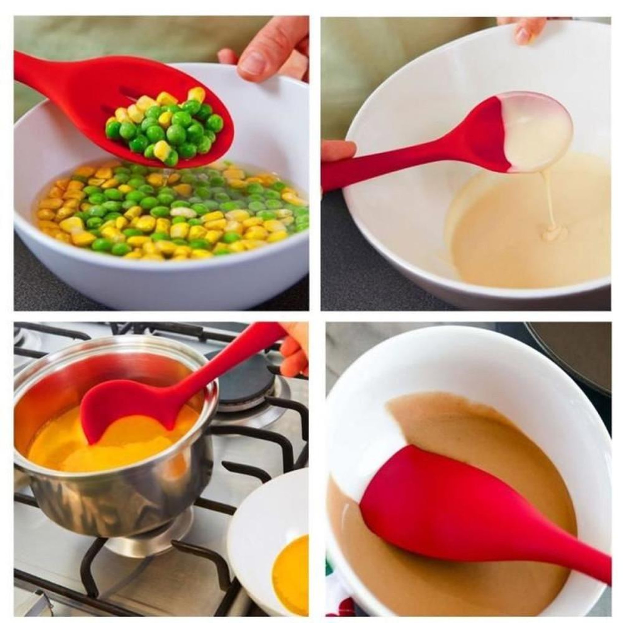 Voir la diapositive 2 : Set de 10 ustensiles de cuisine en silicone rouge avec poignées inox