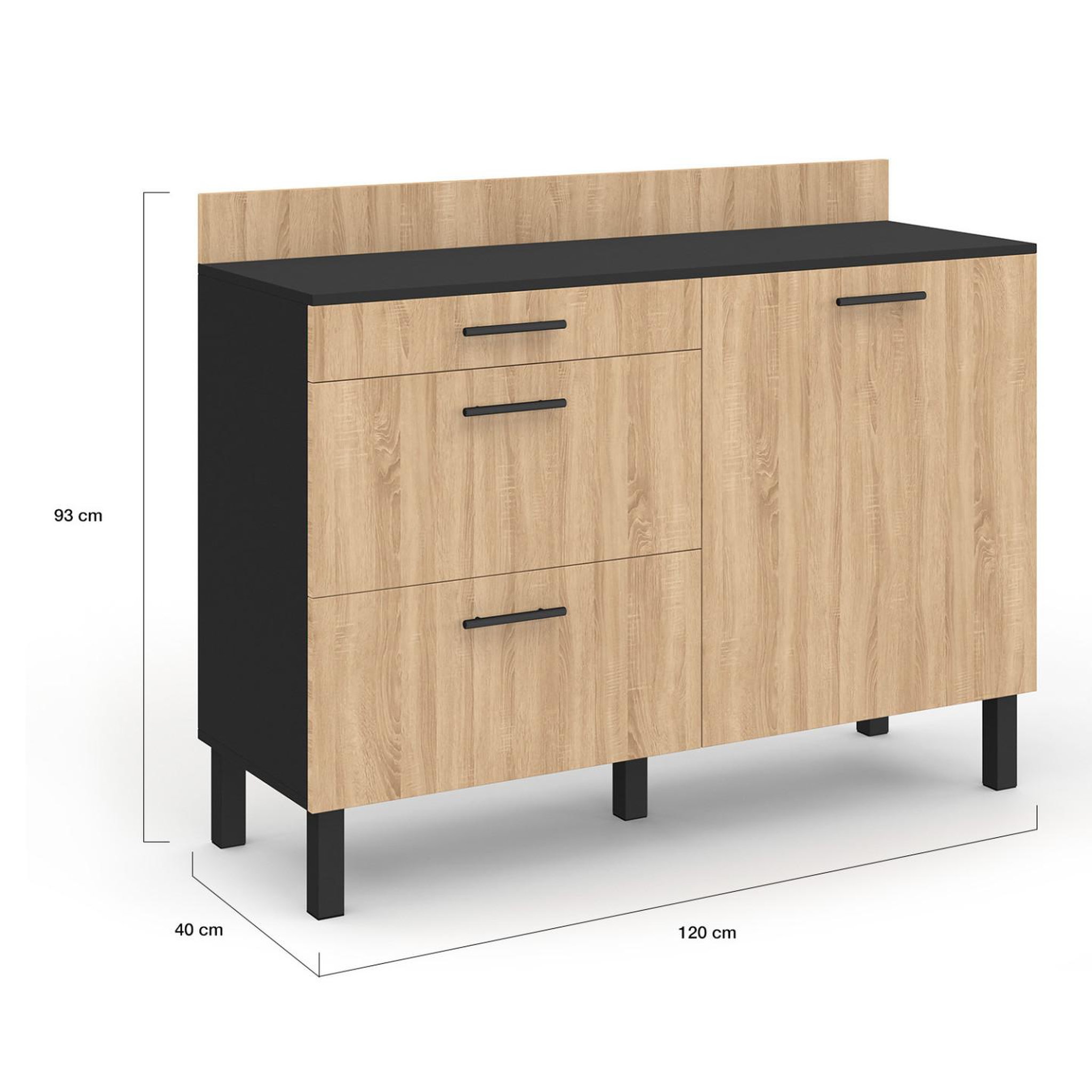 Voir la diapositive 6 : ID MARKET Buffet bas casserolier de cuisine 120 cm cina plan de travail h.83 cm 1 porte + 3 tiroirs noir et façon hêtre