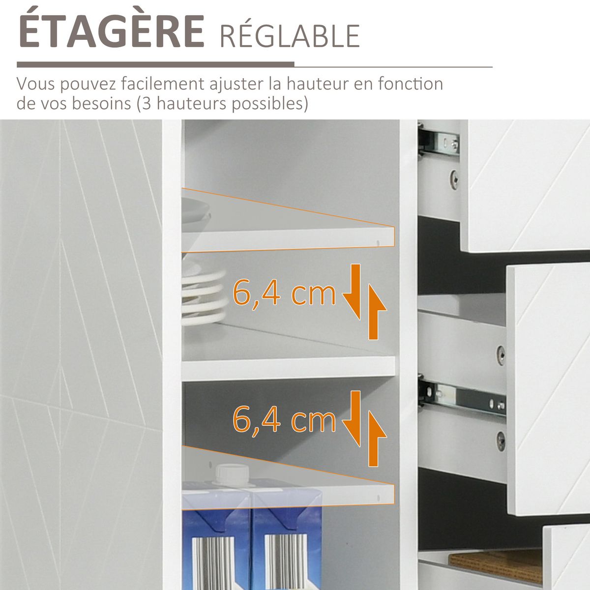 HOMCOM Buffet design contemporain graphique 2 placards porte étagères réglables 3 tiroirs coulissants MDF blanc métal doré