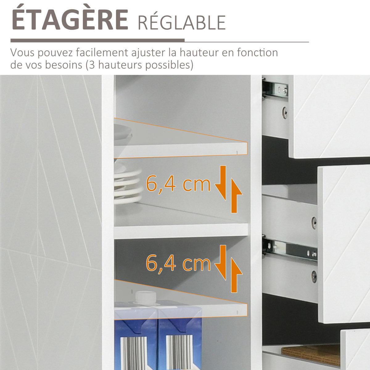 HOMCOM Buffet design contemporain graphique 2 placards porte étagères réglables 3 tiroirs coulissants MDF blanc métal doré