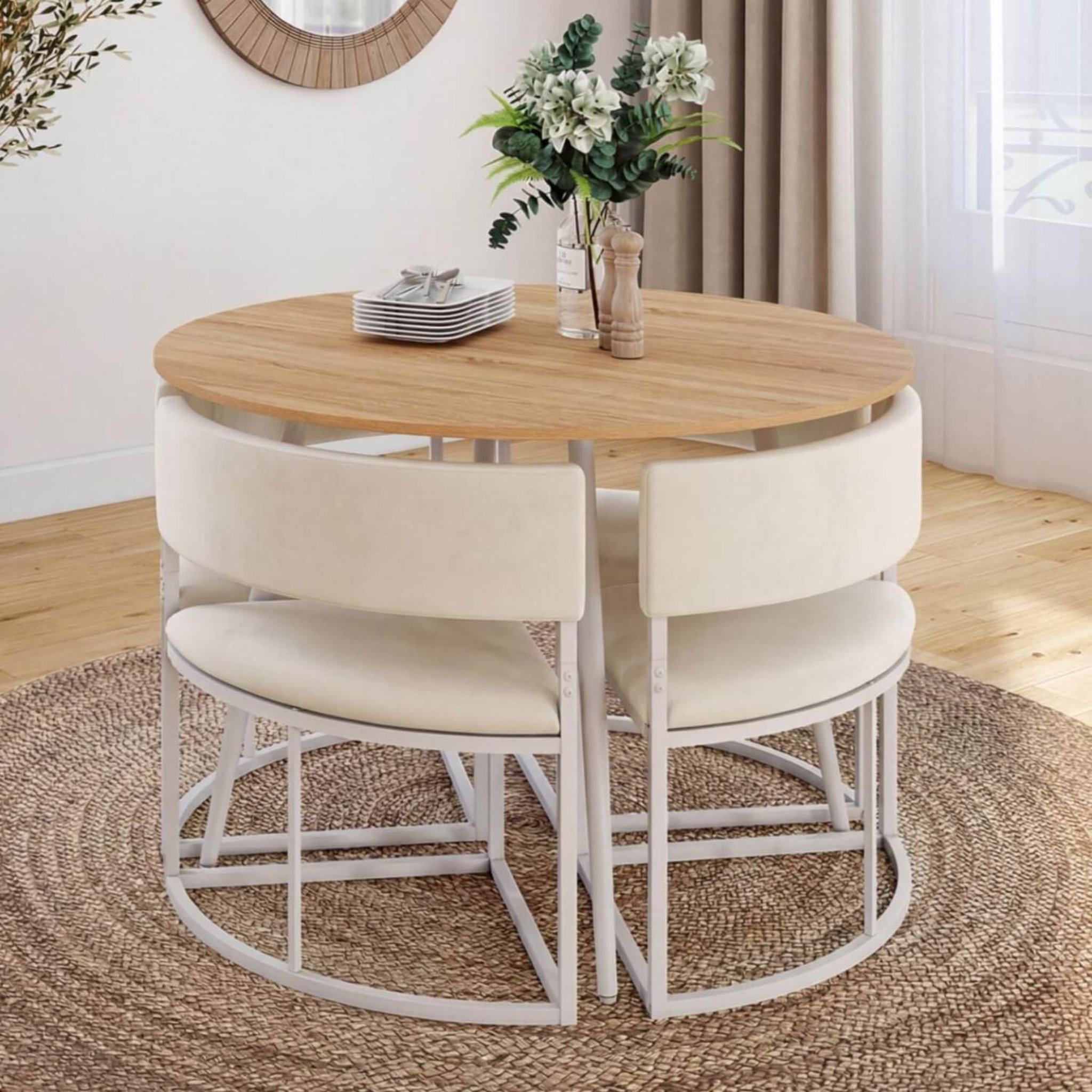Voir la diapositive 5 : ID MARKET Ensemble table + 4 chaises encastrables milene métal blanc plateau façon hêtre et tissu velours beige