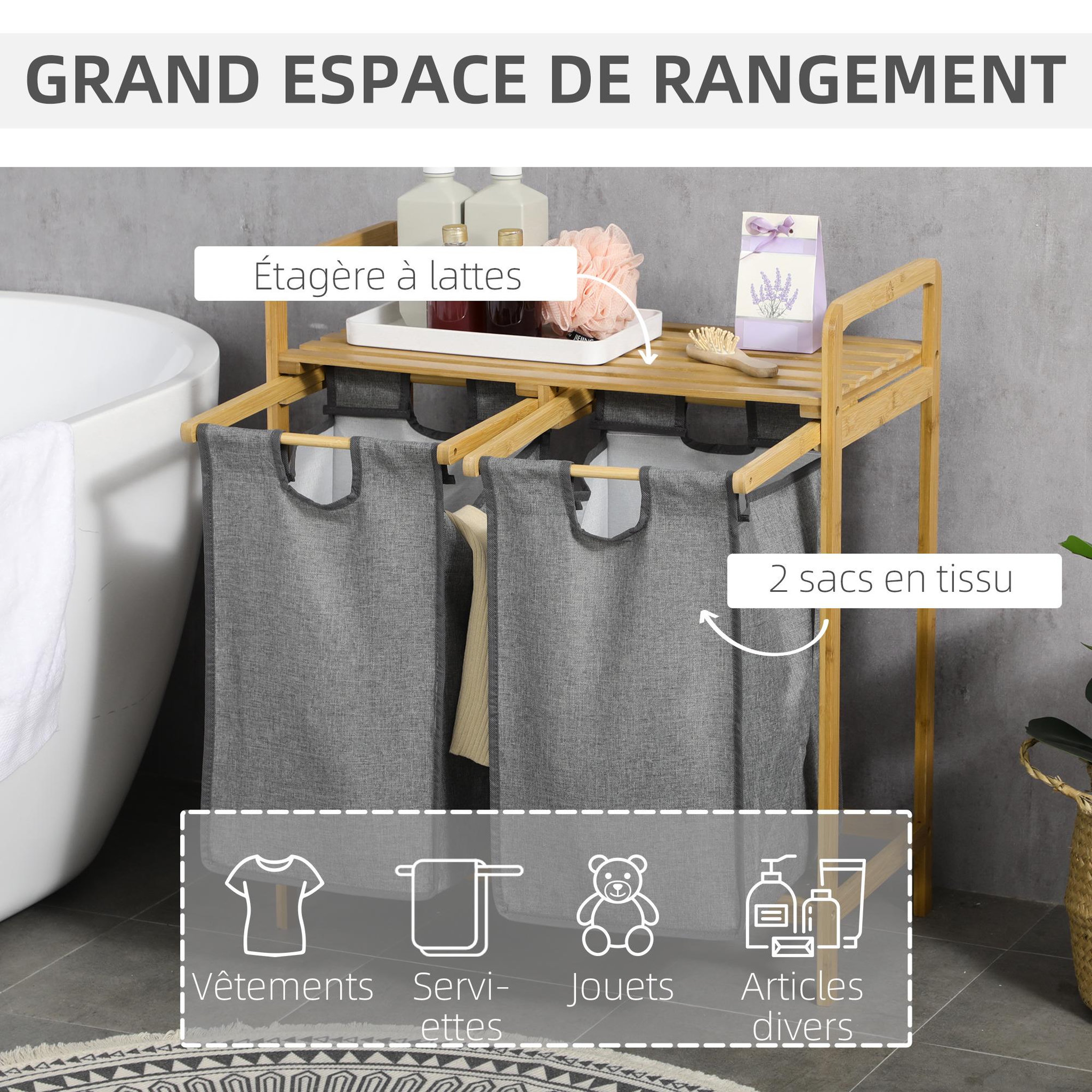 Voir la diapositive 4 : HOMCOM Panier à linge corbeille à linge en bambou 2 paniers amovibles non-tissé gris foncé