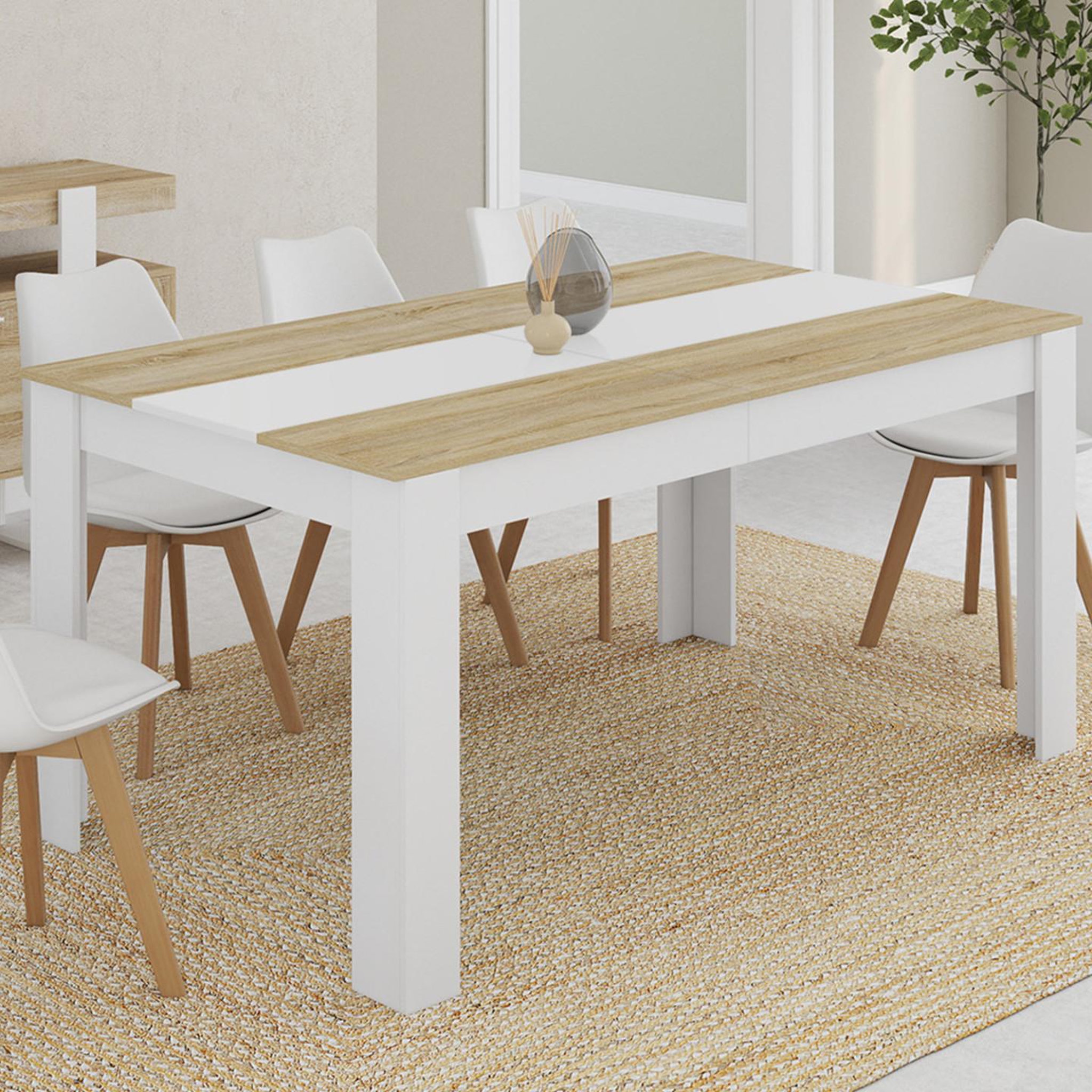Voir la diapositive 2 : ID MARKET Table à manger rectangle georgia 8 personnes blanche et imitation hêtre 160 x 80 cm