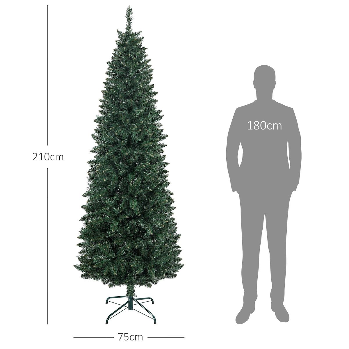 HOMCOM Sapin de Noël artificiel 210 cm slim avec support en acier pliable, 687 branches épines, décoration de Noël effet réaliste, vert