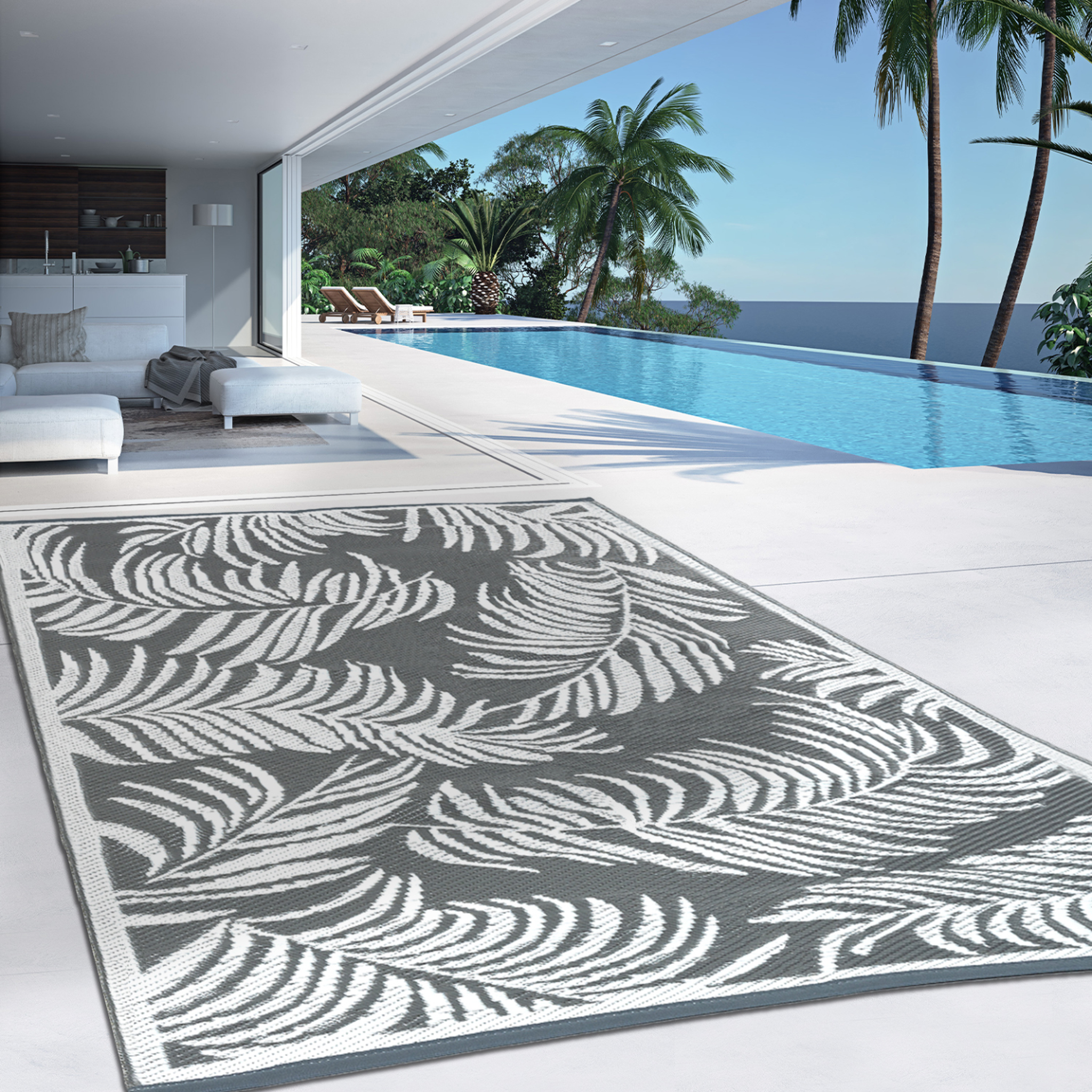 Voir la diapositive 3 : ID MARKET Tapis extérieur COCO tropical gris et blanc 180 x 280 CM