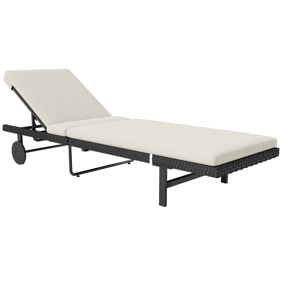 OUTSUNNY Bain de soleil transat inclinable 2 roues - épais matelas intégré blanc cassé -  acier résine tressée noir