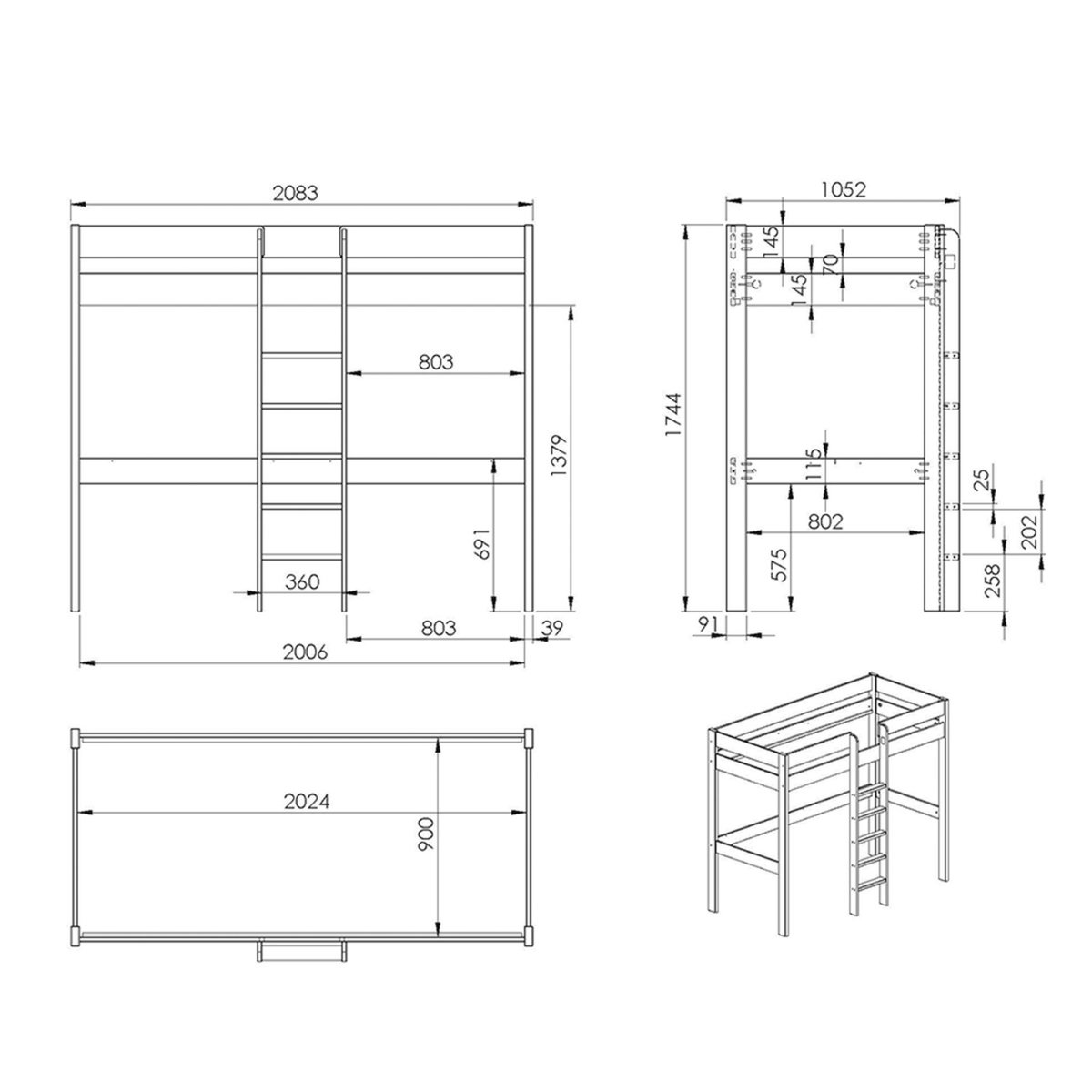 Vipack Lit Mezzanine 90x200 Sommier Inclus avec Fauteuil et Bureau Pino - Gris