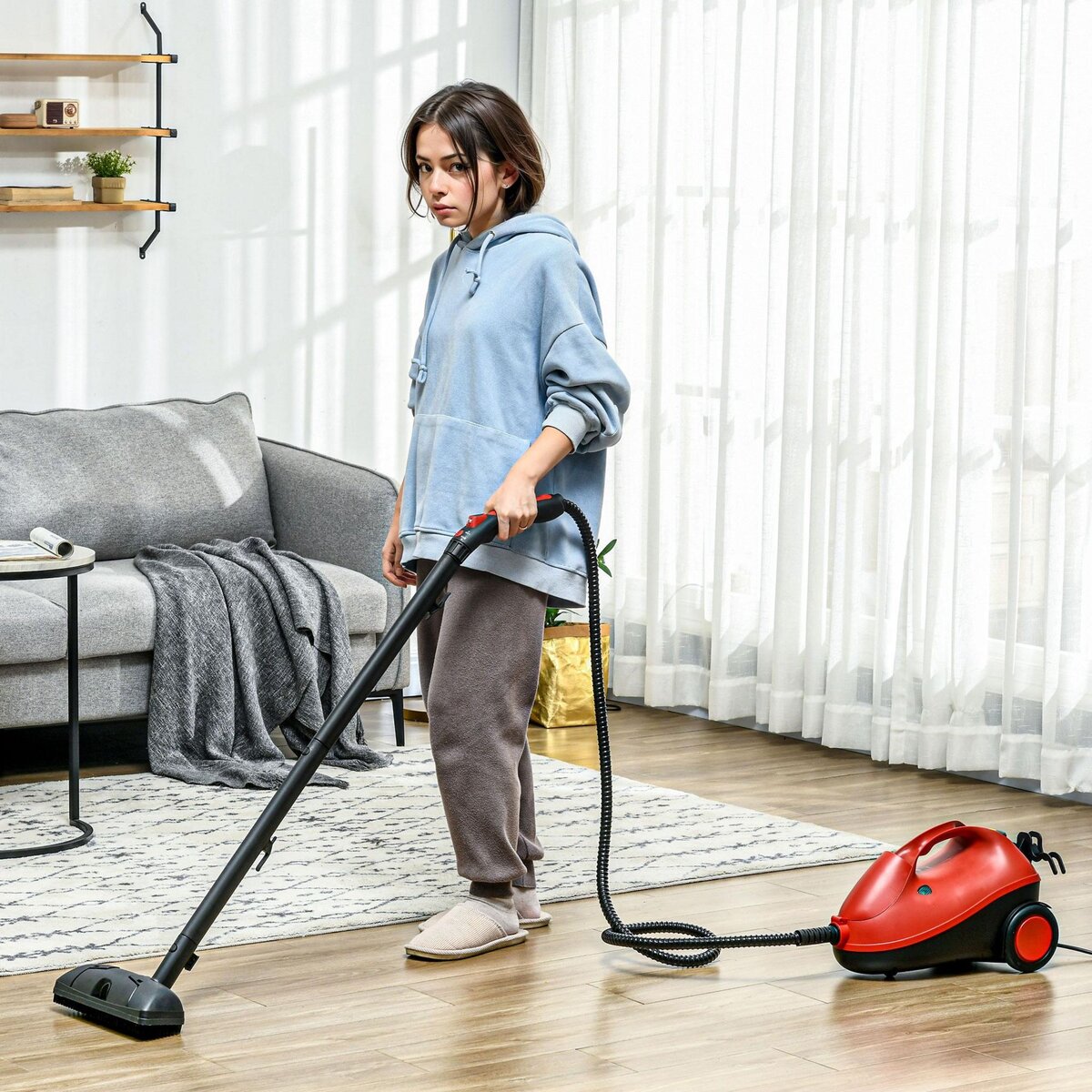 HOMCOM Nettoyeur vapeur multifonction - balai vapeur - balai nettoyeur vapeur - 2000W, réservoir 2L, pression 4 bars - 16 accessoires - noir rouge