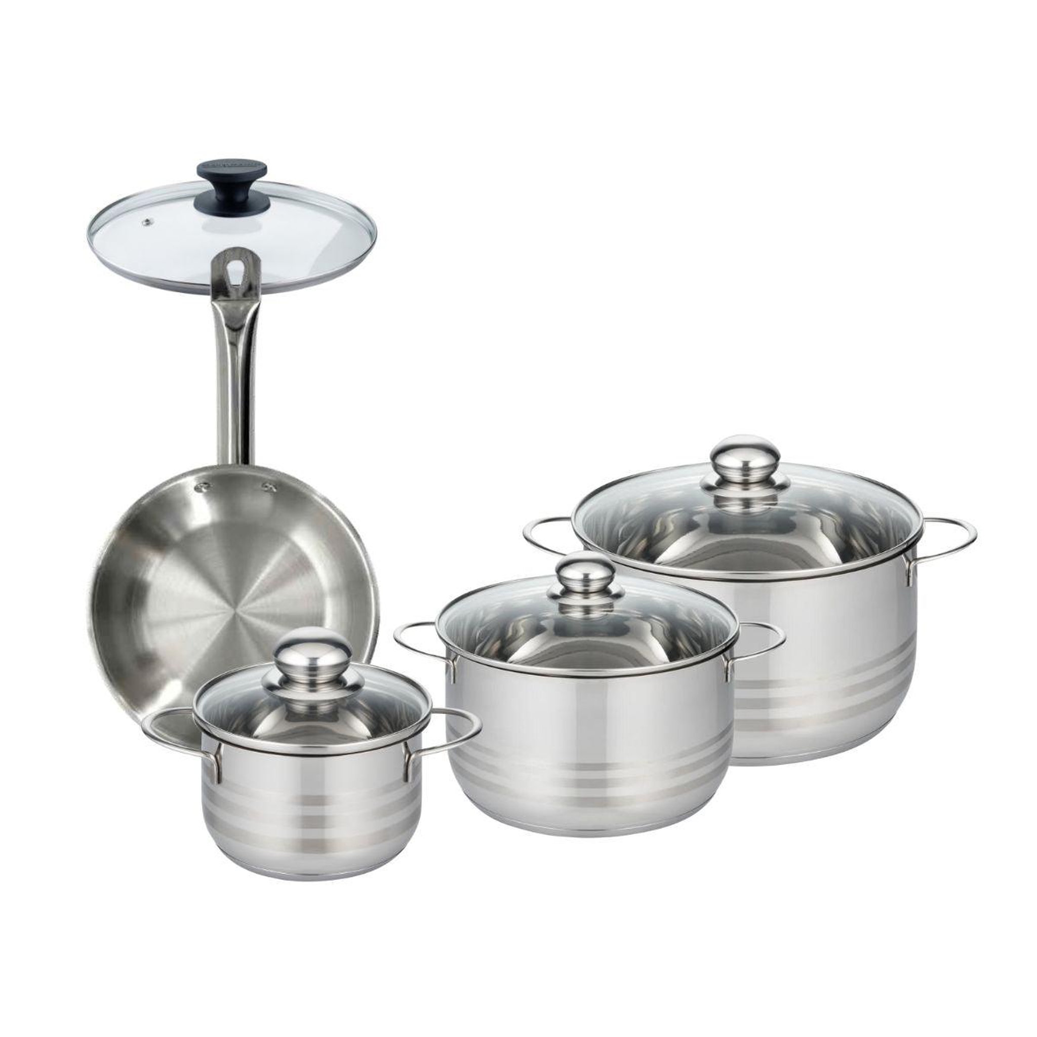 Fackelmann Set 1 poêle 20 cm en inox et 1 couvercle verre, 3 faitouts inox 16, 20 et 24 cm Fackelmann Eterna