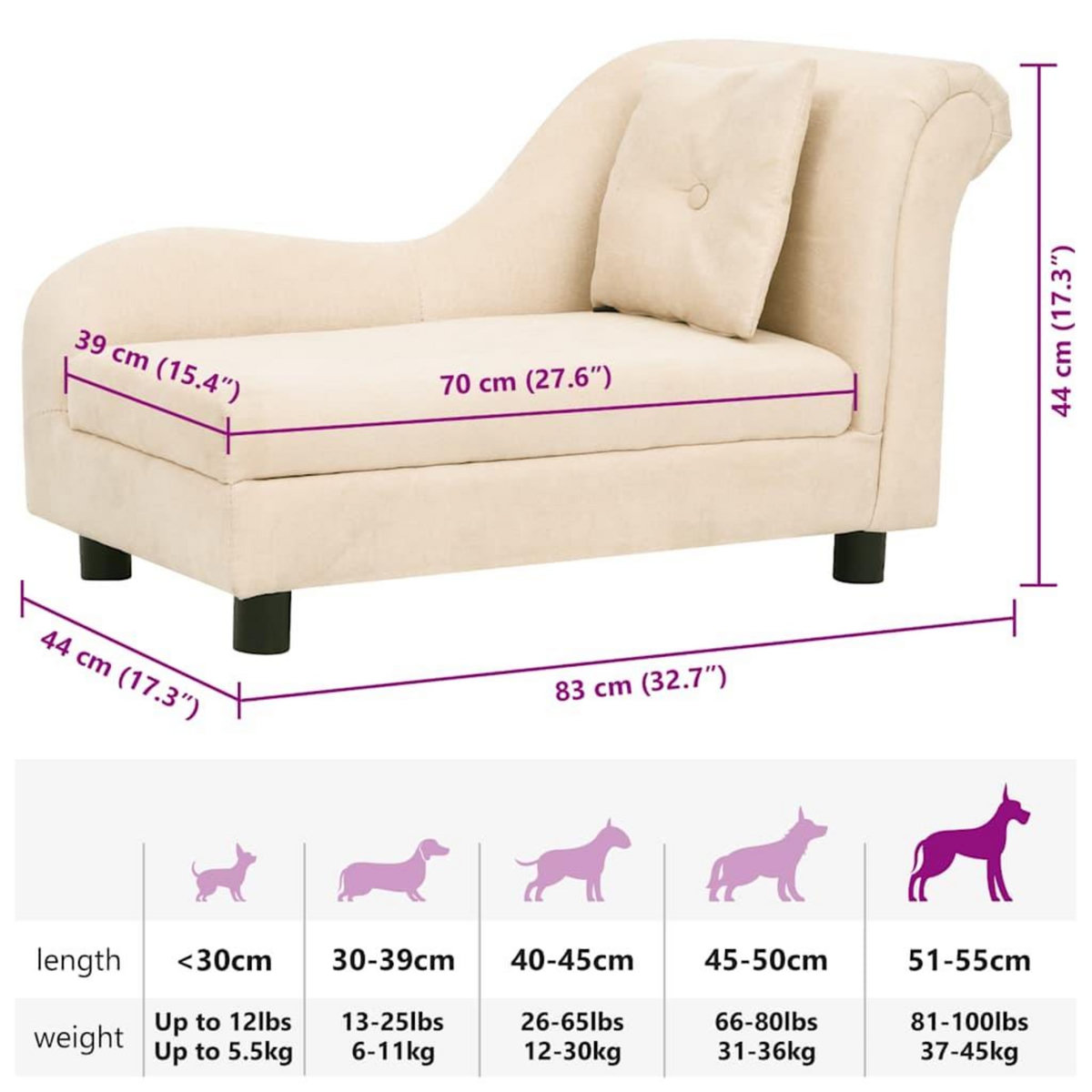 VIDAXL Canape pour chien avec oreiller Creme 83x44x44 cm Peluche