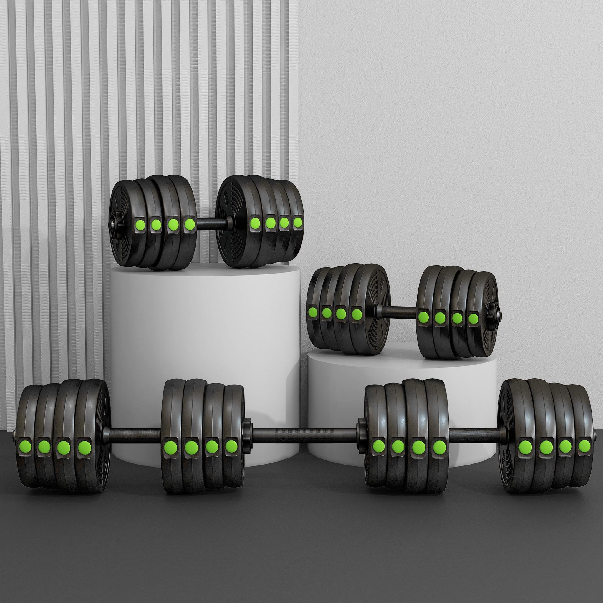 Voir la diapositive 2 : HOMCOM Haltères 2 en 1 réglables - haltères libres 30 kg - barres incluses - entraînement musculaire & haltérophilie - noir vert