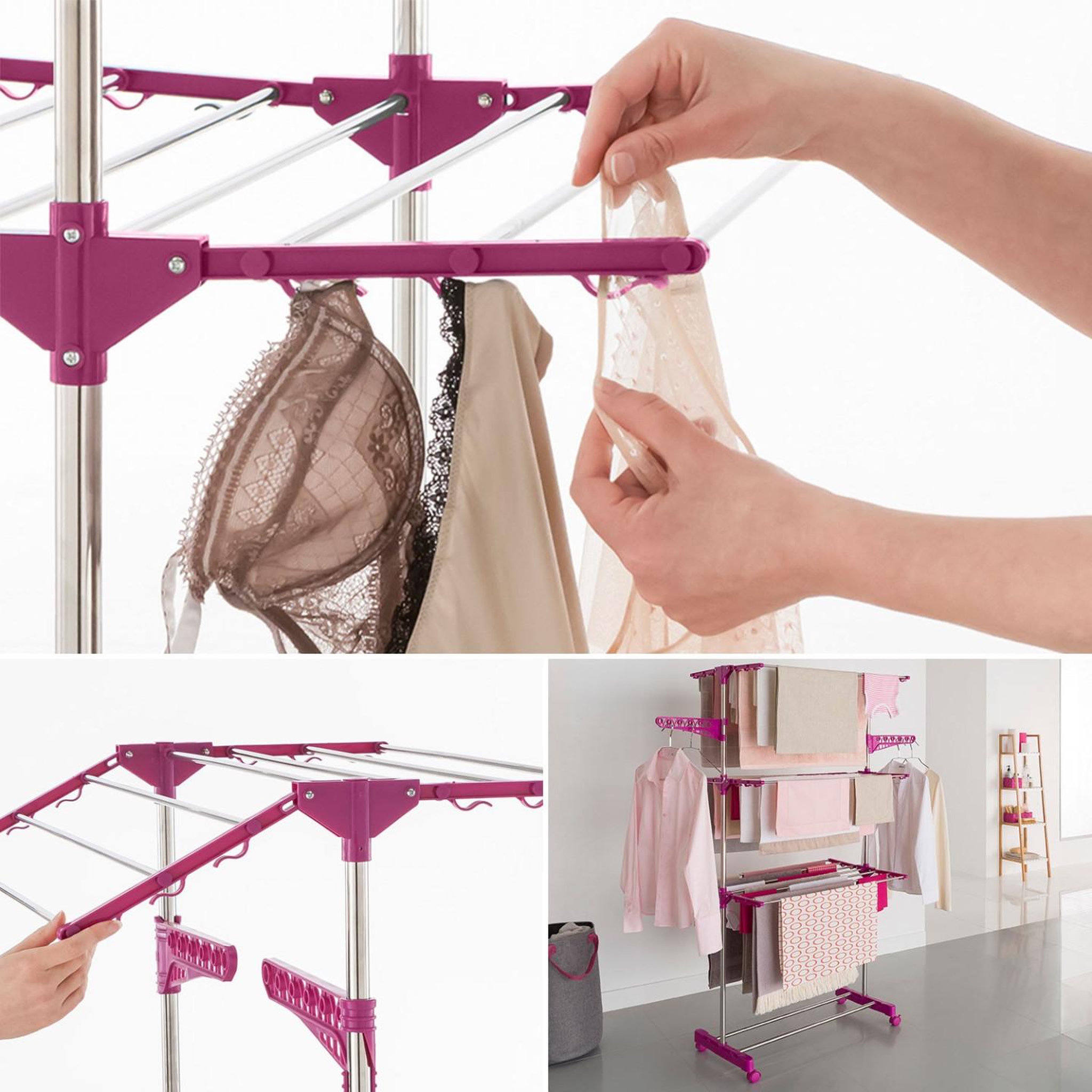 Voir la diapositive 6 : ID MARKET Séchoir à linge vertical pliable 3 niveaux maxima capacité 20m inox et rose