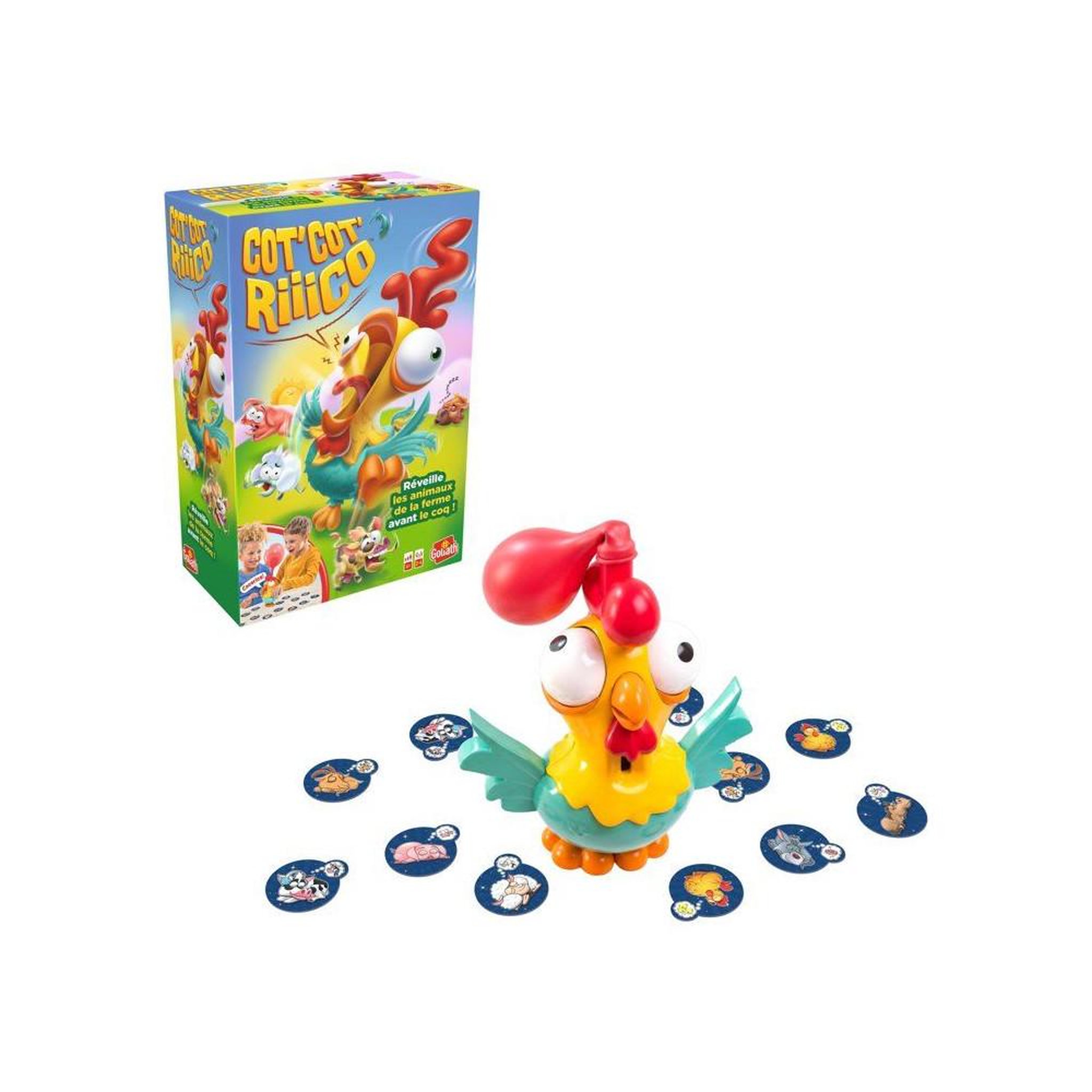 GOLIATH Jeu d'ambiance de société Cot' Cot' Riiico : jeu de plateau fermier à thème poule et animaux, pressez l'aile pour déclencher le chant du coq