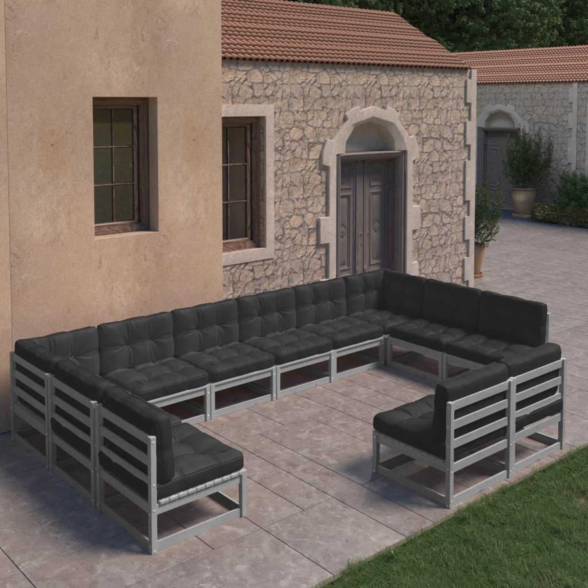 Voir la diapositive 1 : VIDAXL Salon de jardin 12 pcs avec coussins Gris Bois de pin massif