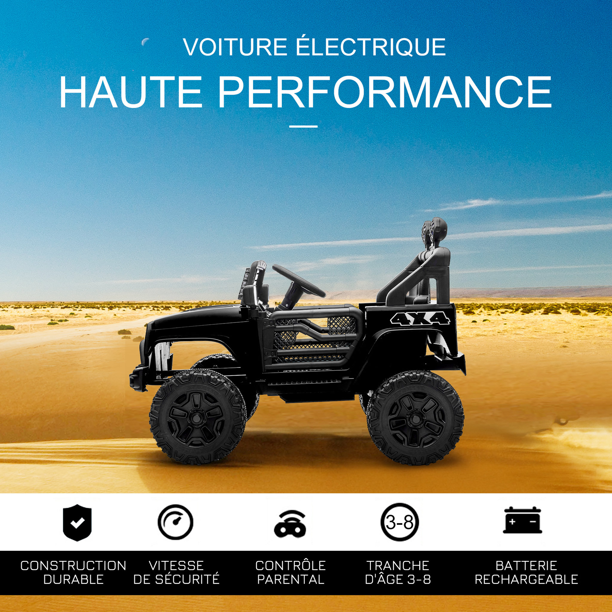 Voir la diapositive 5 : HOMCOM Voiture 4x4 électrique enfant 2 moteurs 35 W 5 Km/h max. télécommande incluse effets lumineux sonores noir