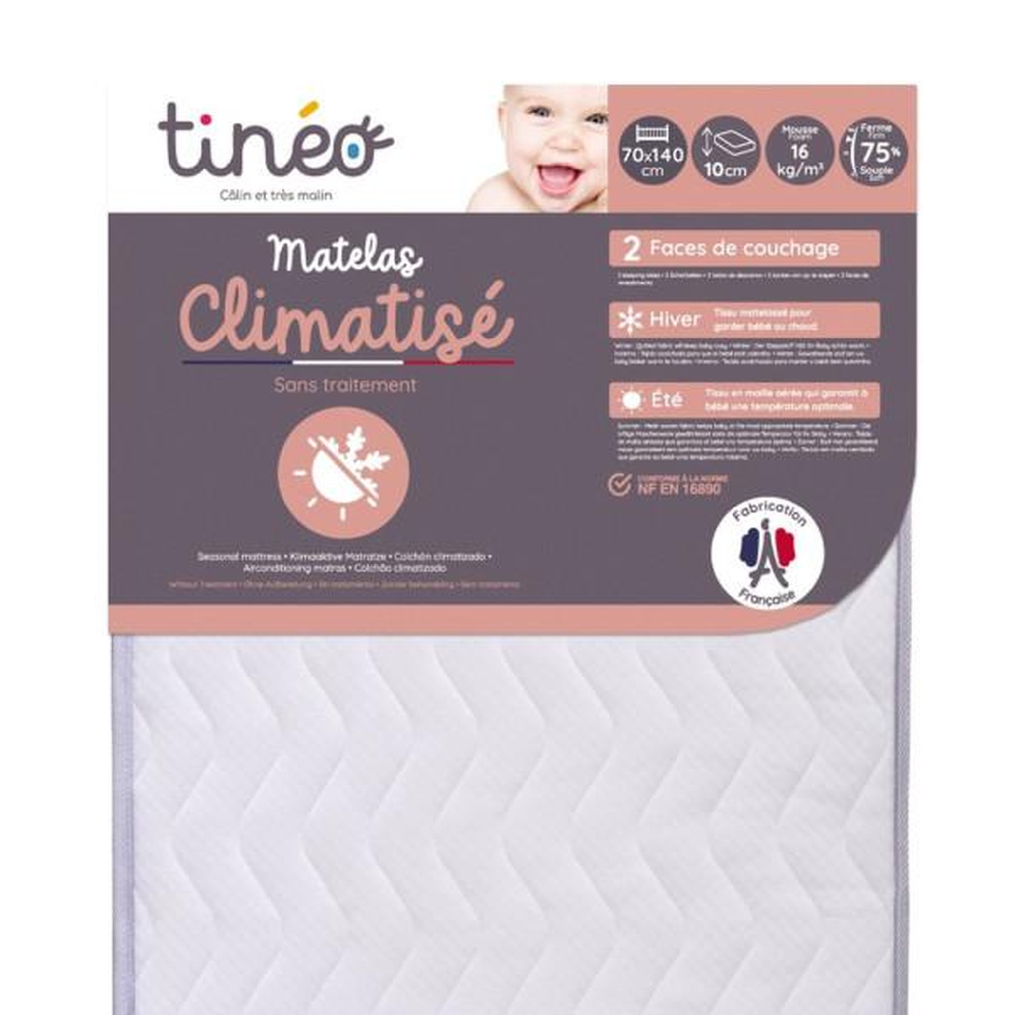 Voir la diapositive 1 : TINEO Matelas Climatisé 70x140x10cm - Matelas Bébé - Climatisé - 1 Face Été - 1 Face Hiver - Sans Traitement - Fabriqué En Fran