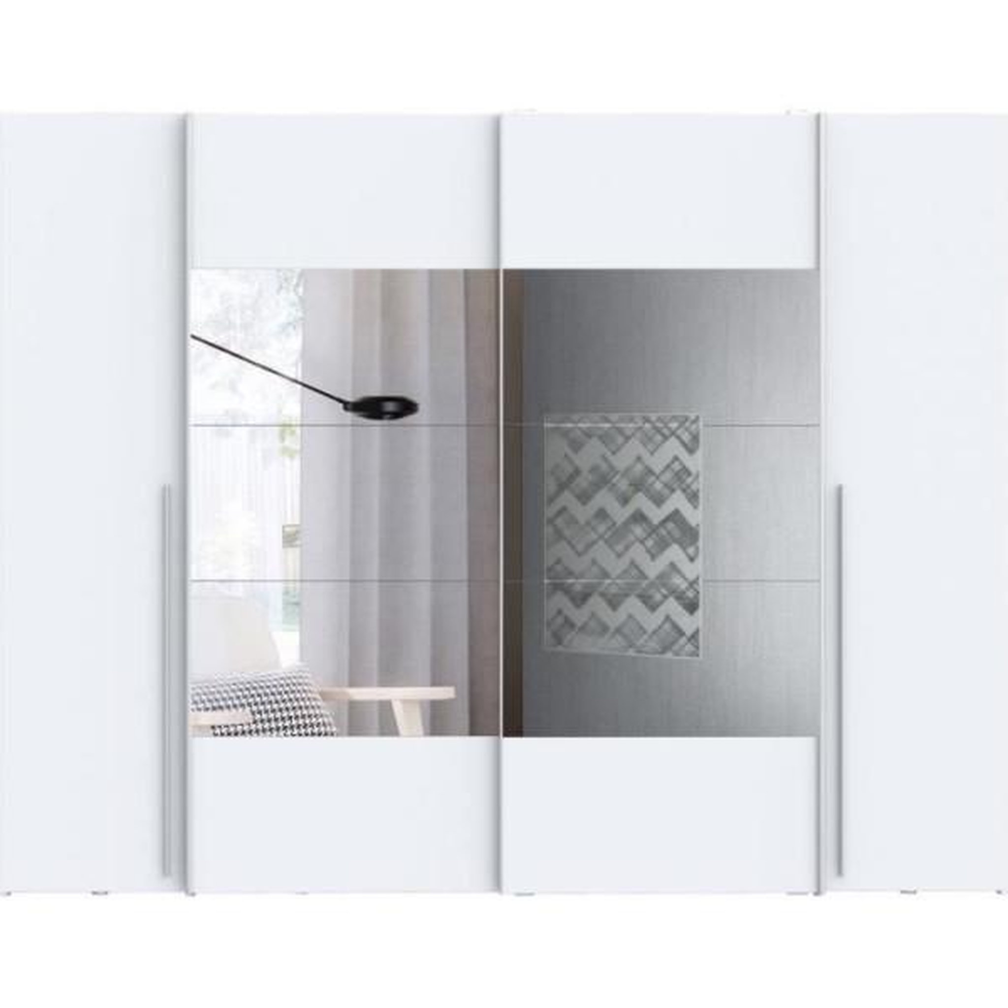 Voir la diapositive 4 : MARKET24 Armoire NARAGO - Décor Blanc mat - 2 portes coulissantes + miroir + 2 portes battantes + 2 penderies - L270 x P61 x H210 cm