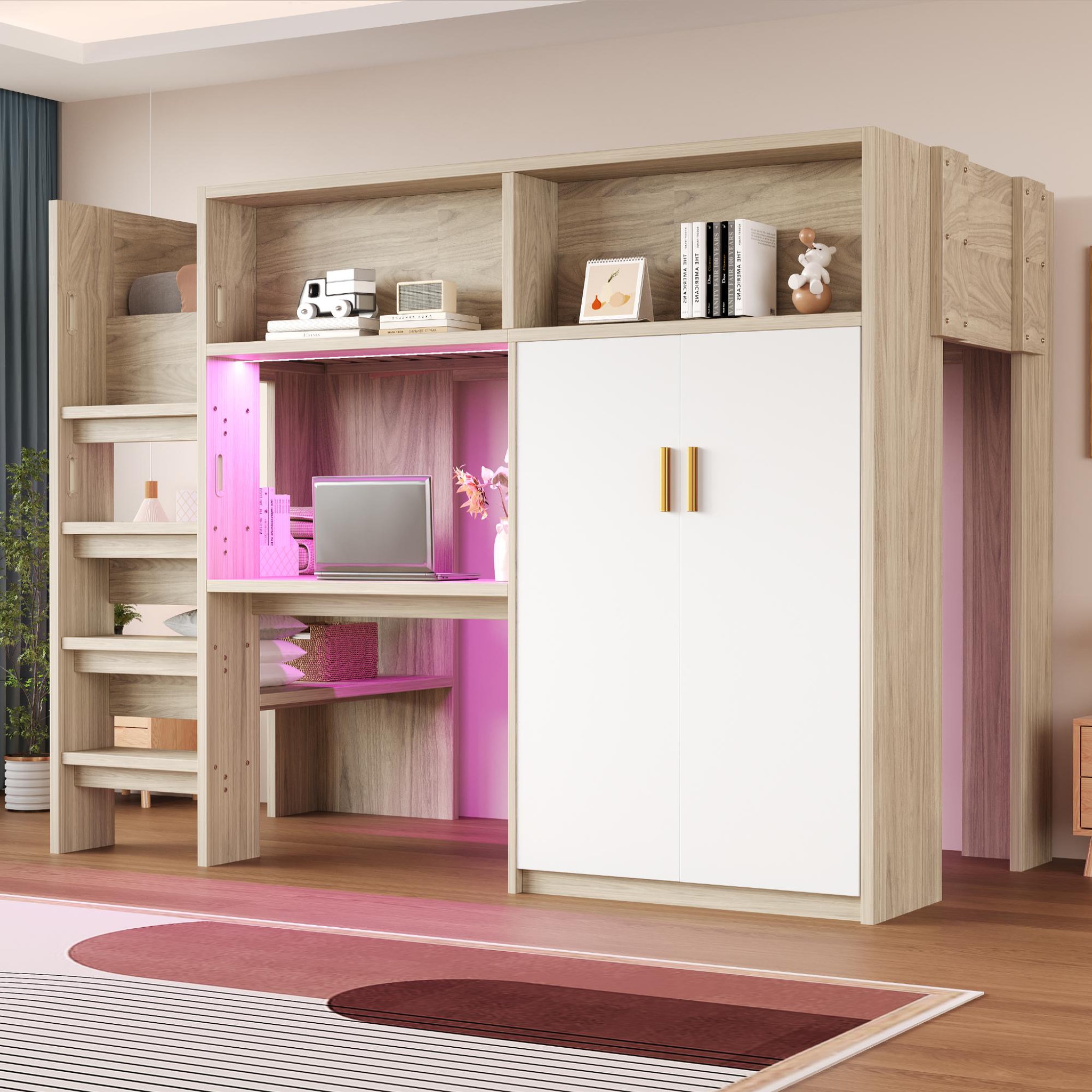 Voir la diapositive 4 : MERAX Lit mezzanine 90x200 cm coloris naturel led mdf