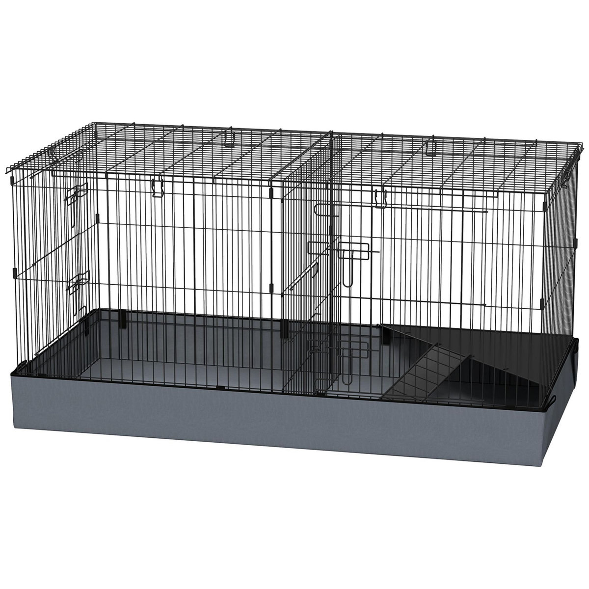 PAWHUT Cage pour cochon d'inde avec séparation 2 zones - plateforme observation, rampe, portes - acier noir PVC tissu gris