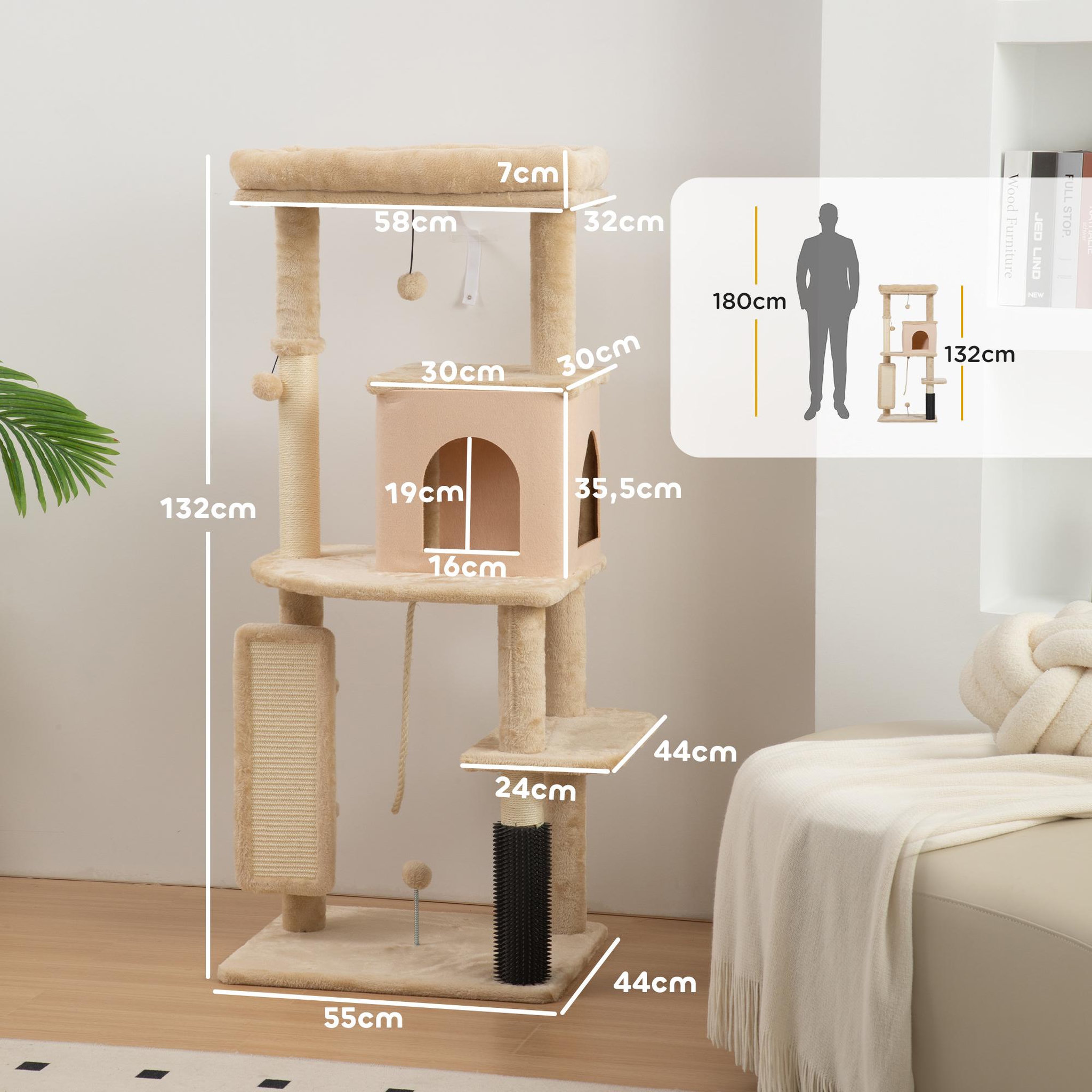 Voir la diapositive 3 : PAWHUT Arbre à chat design beige h.132cm bande massante griffoirs grattoirs nombreux jouets