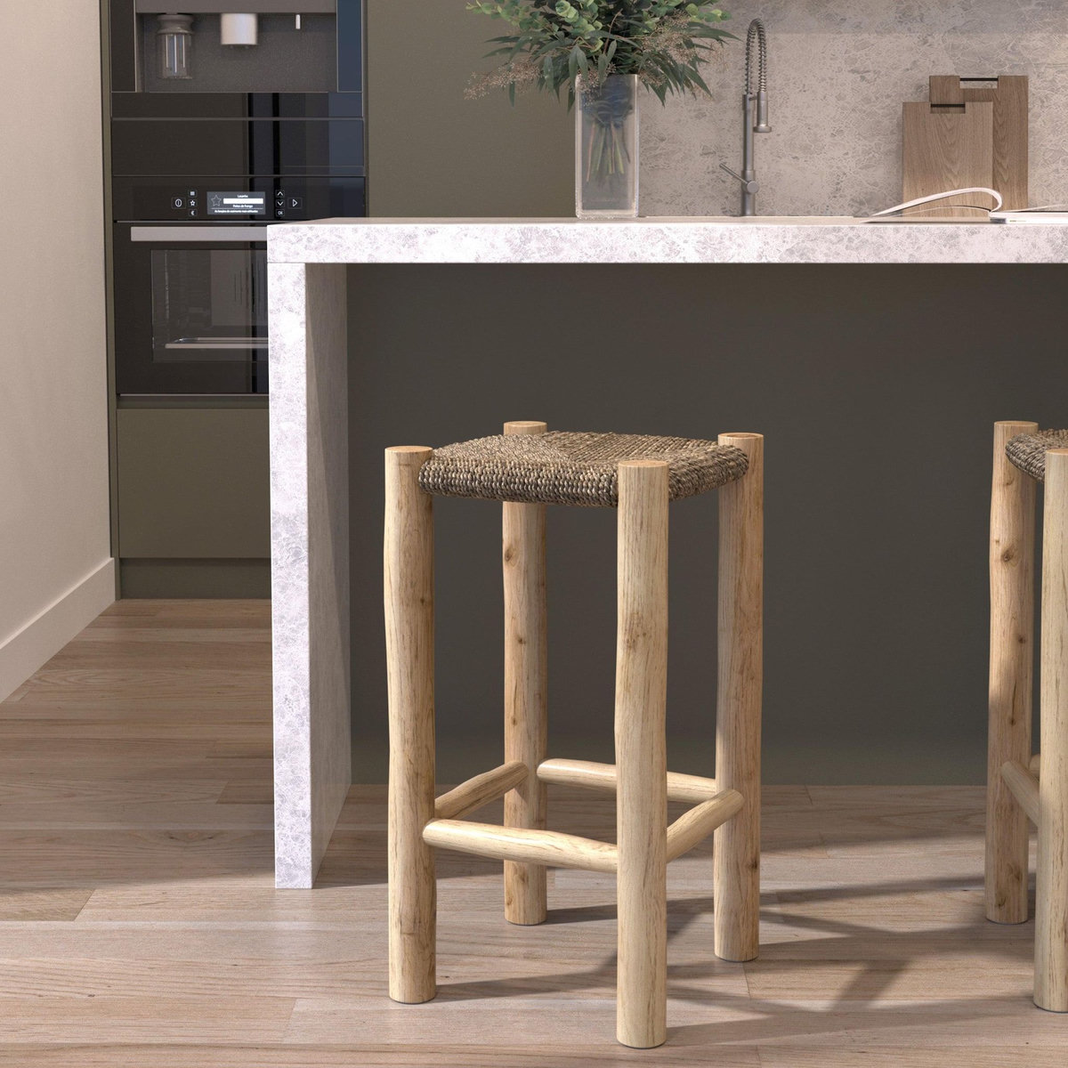MAISON PAVANE Tabouret pour îlot central 65 cm en jonc de mer et teck-Jovan