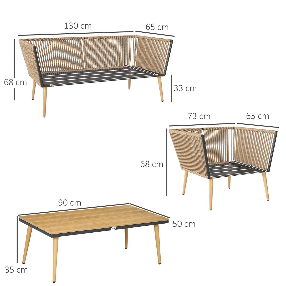 OUTSUNNY Salon de jardin 4 places 4 pièces design scandinave acier époxy résine filaire PE coussins inclus crème