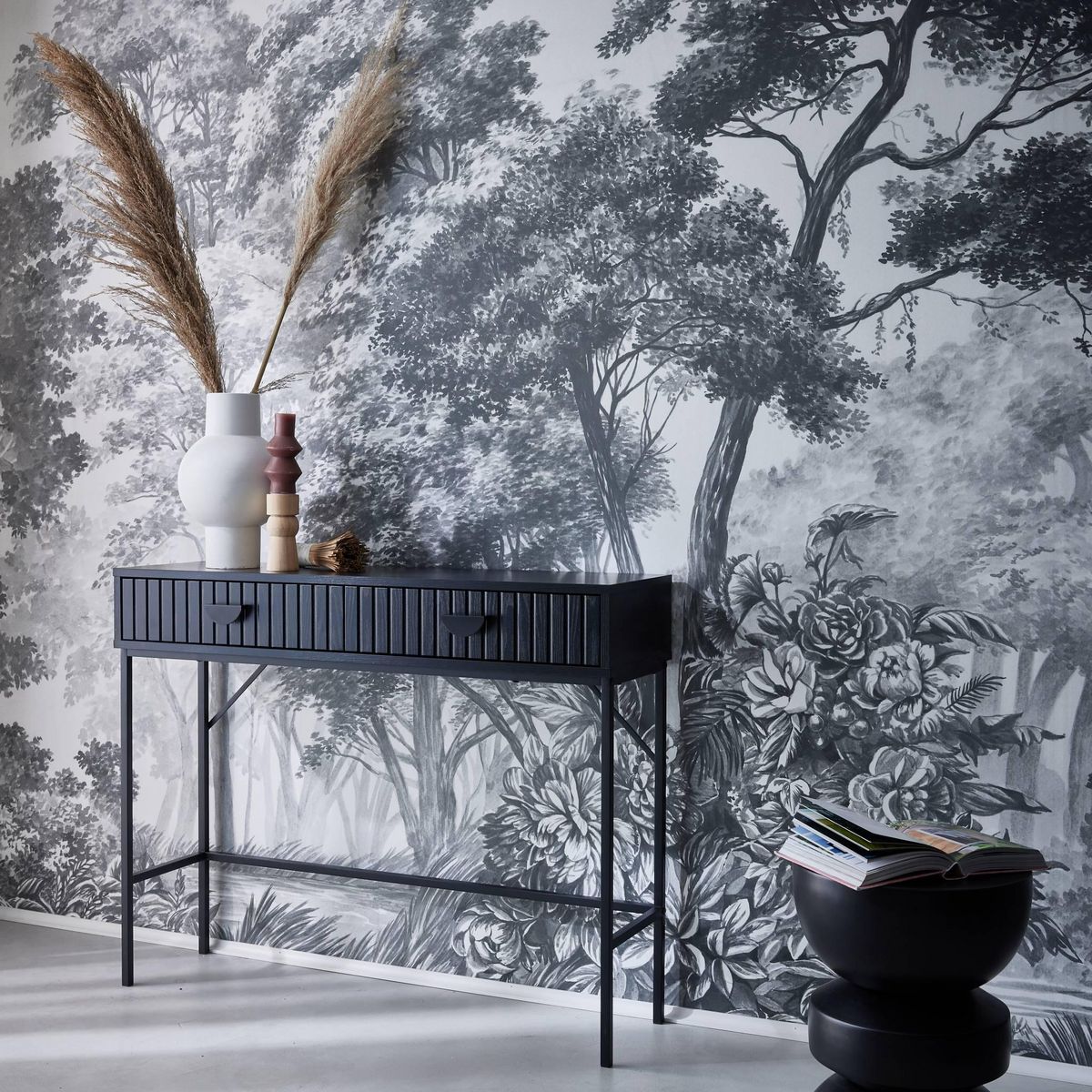 SWEEEK Console 2 tiroirs effet bois rainuré noir. pieds métal noir