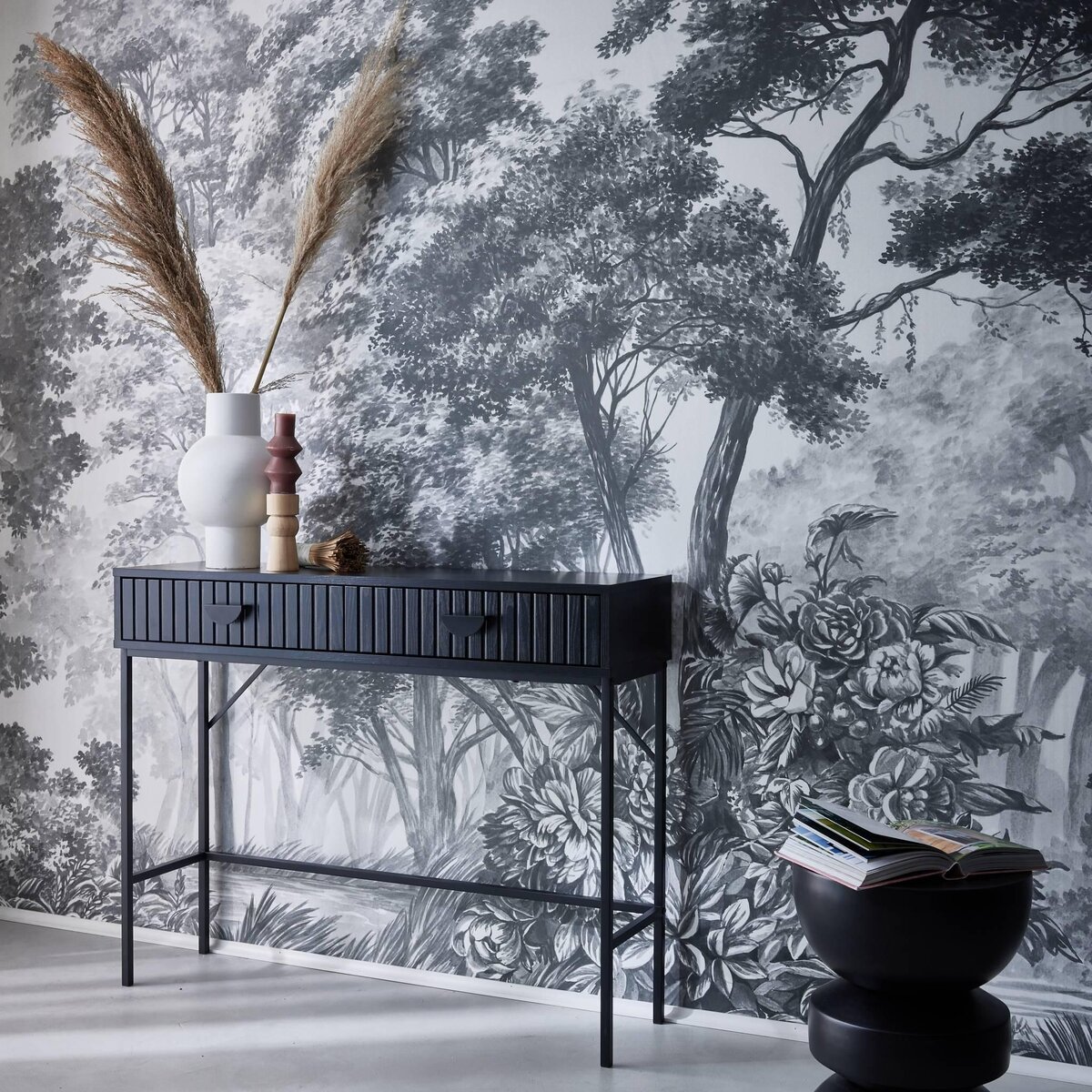 SWEEEK Console 2 tiroirs effet bois rainuré noir. pieds métal noir