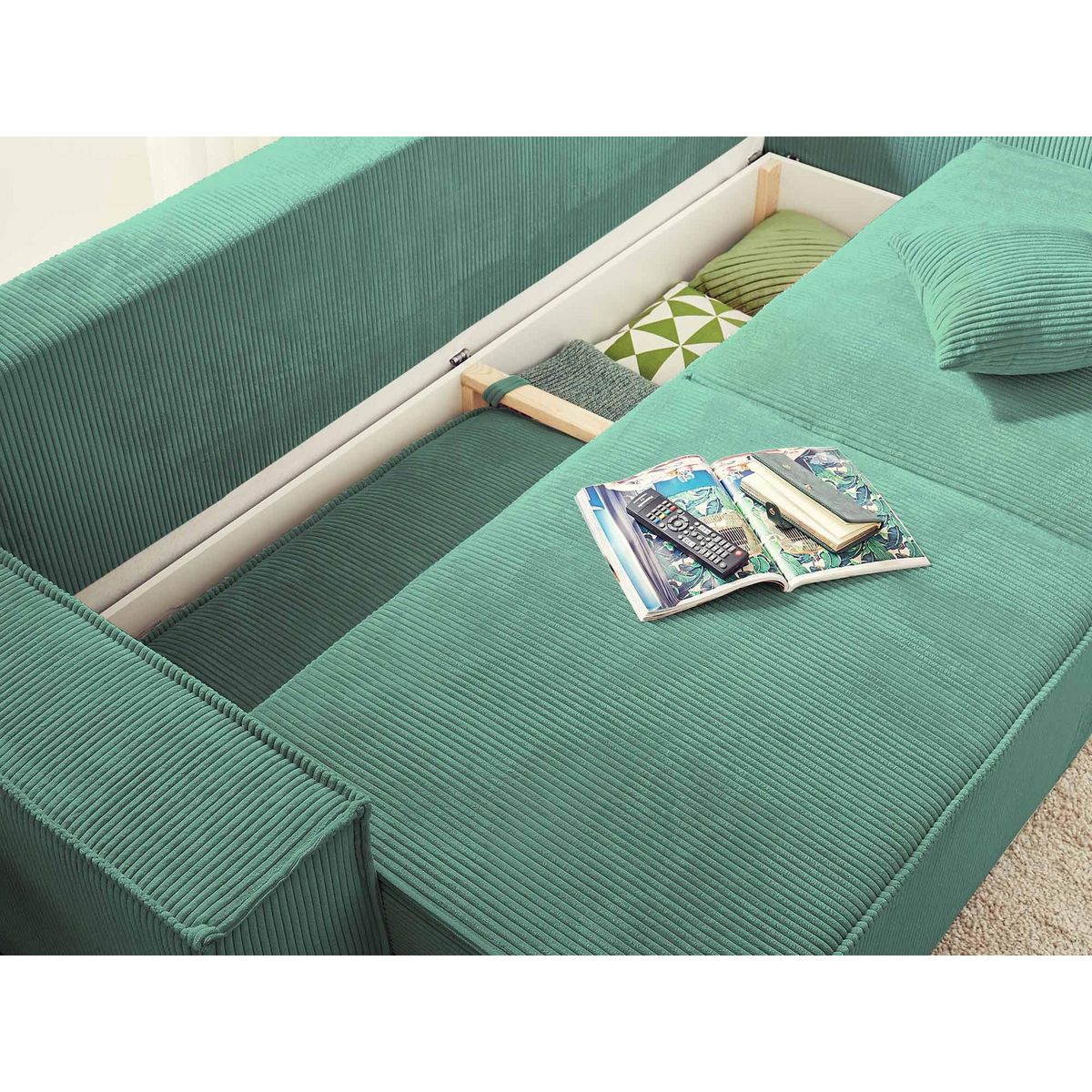 BEST MOBILIER Dellia - canapé 3 places convertible - avec coffre - en velours côtelé - style contemporain