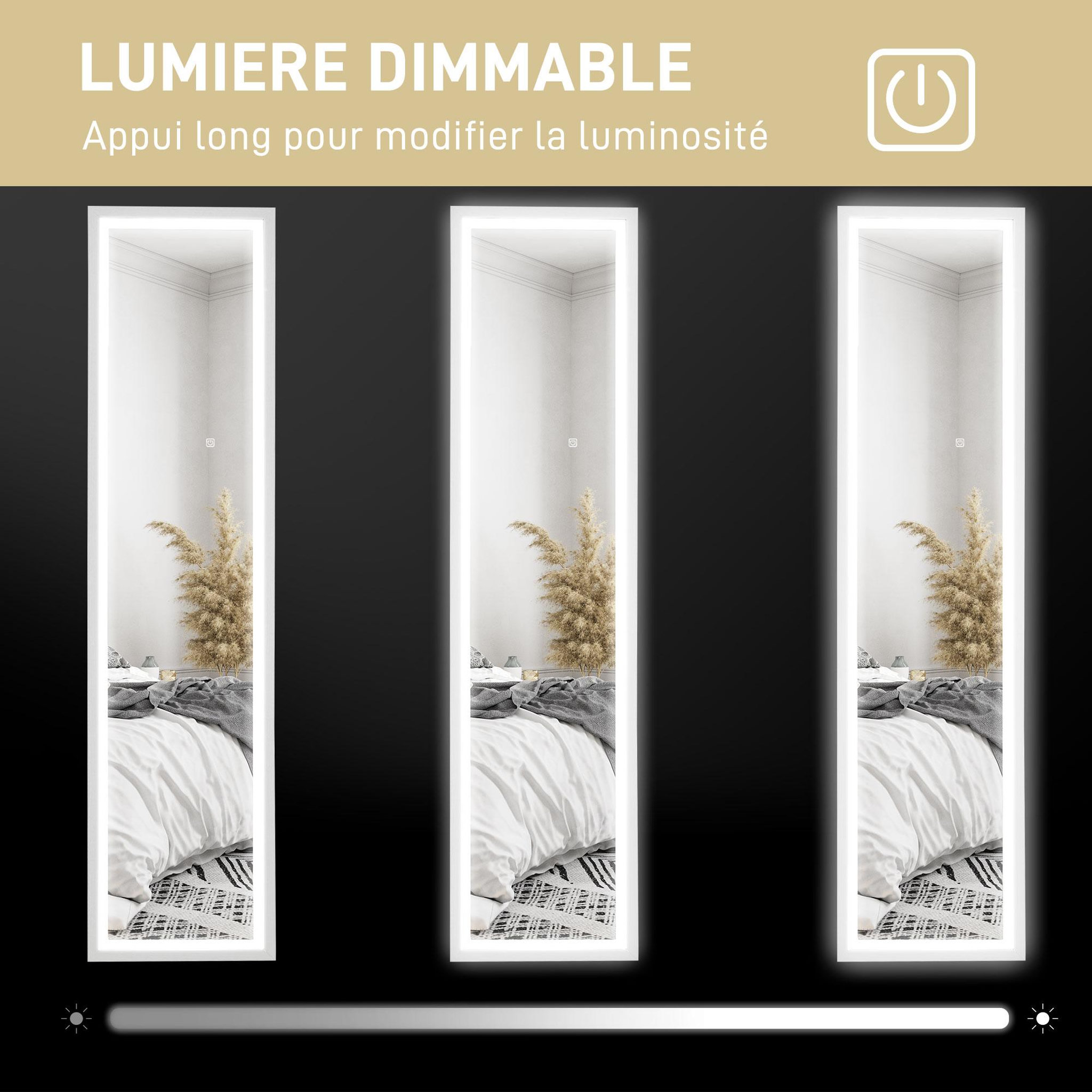Voir la diapositive 6 : HOMCOM Grand miroir led pleine longueur 40 x 160 cm autoportant ou à fixer - 3 couleurs luminosité réglable - effet bois blanc