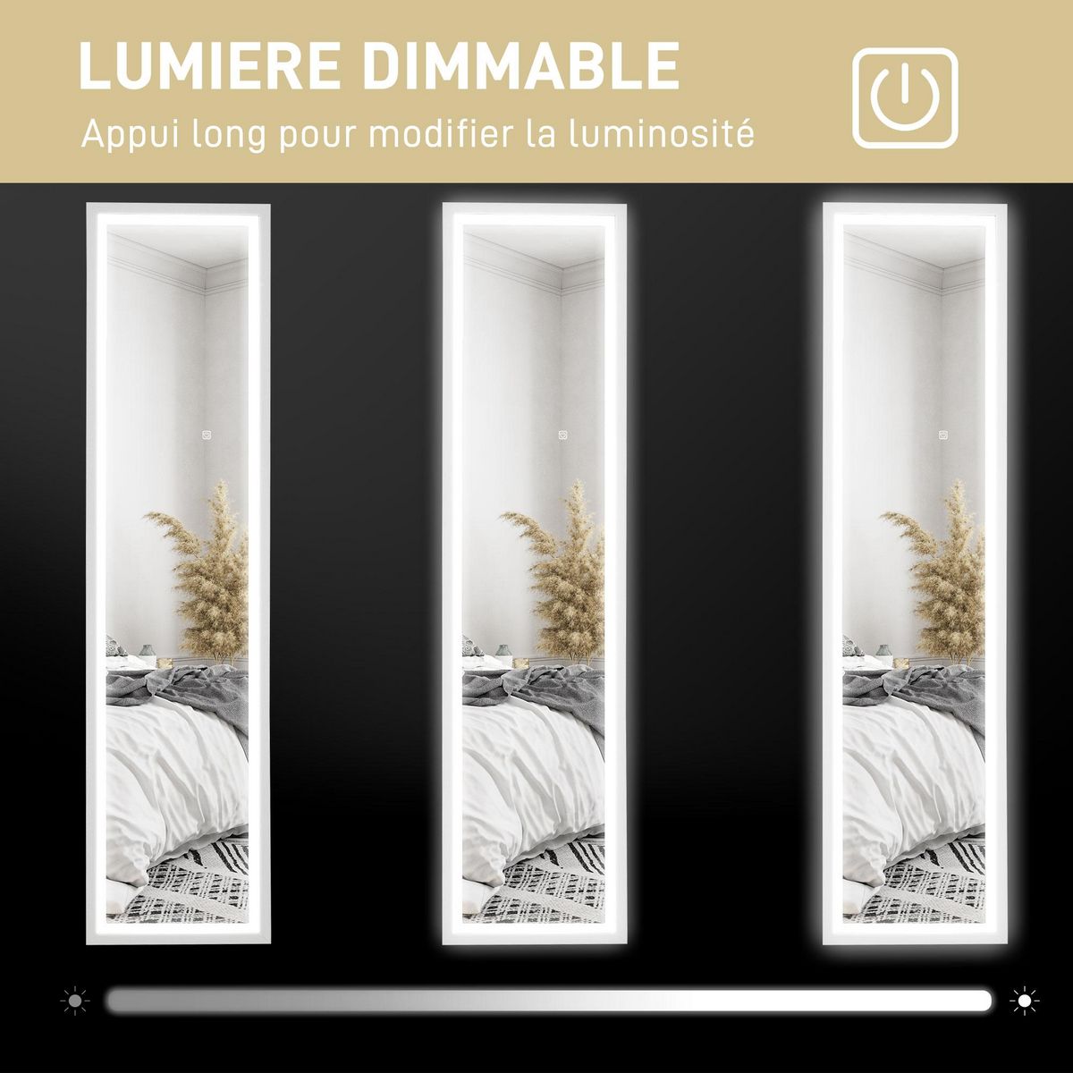 HOMCOM Grand miroir LED pleine longueur 40 x 160 cm autoportant ou à fixer - 3 couleurs luminosité réglable - effet bois blanc