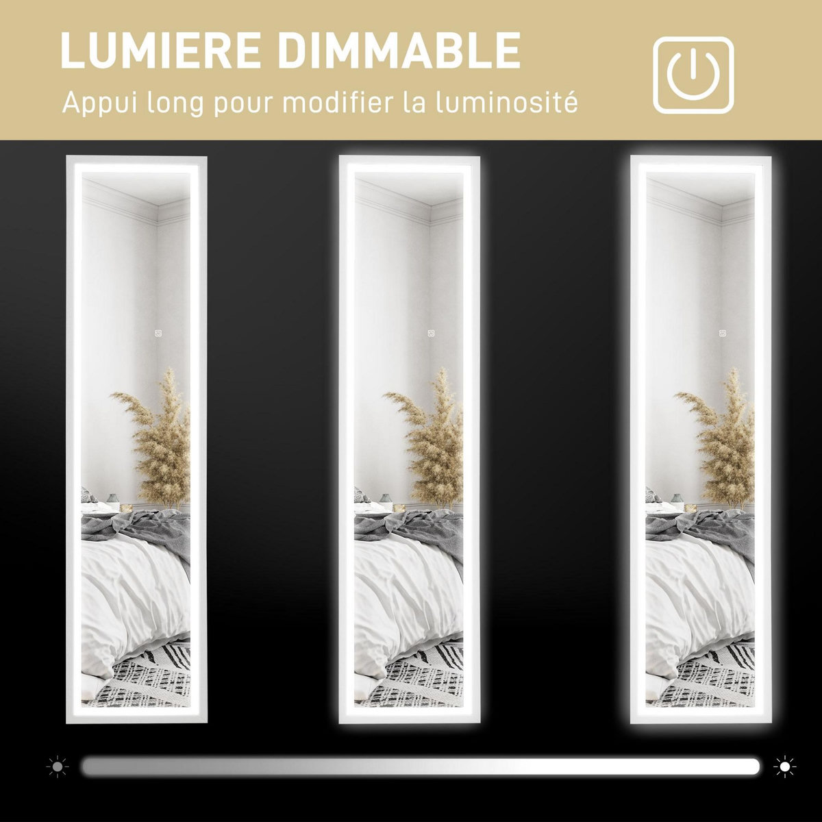 HOMCOM Grand miroir LED pleine longueur 40 x 160 cm autoportant ou à fixer - 3 couleurs luminosité réglable - effet bois blanc