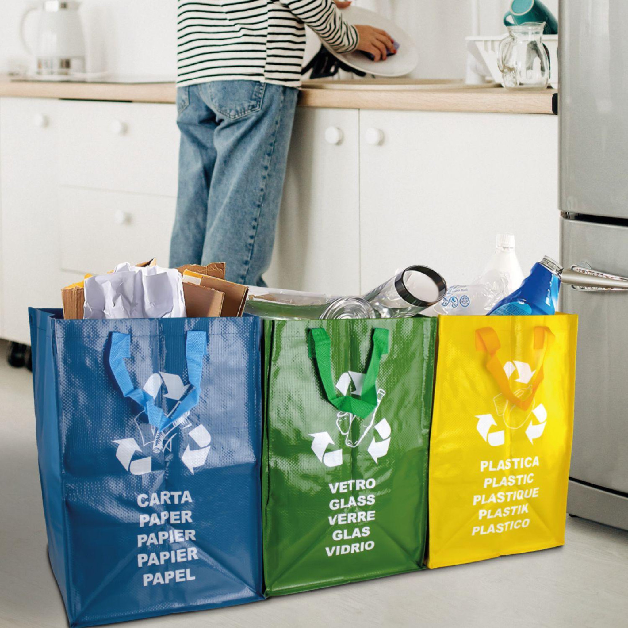 Voir la diapositive 5 : LINXOR Lot de 3 sacs de tri réutilisables pour recyclage des déchets - 130 L