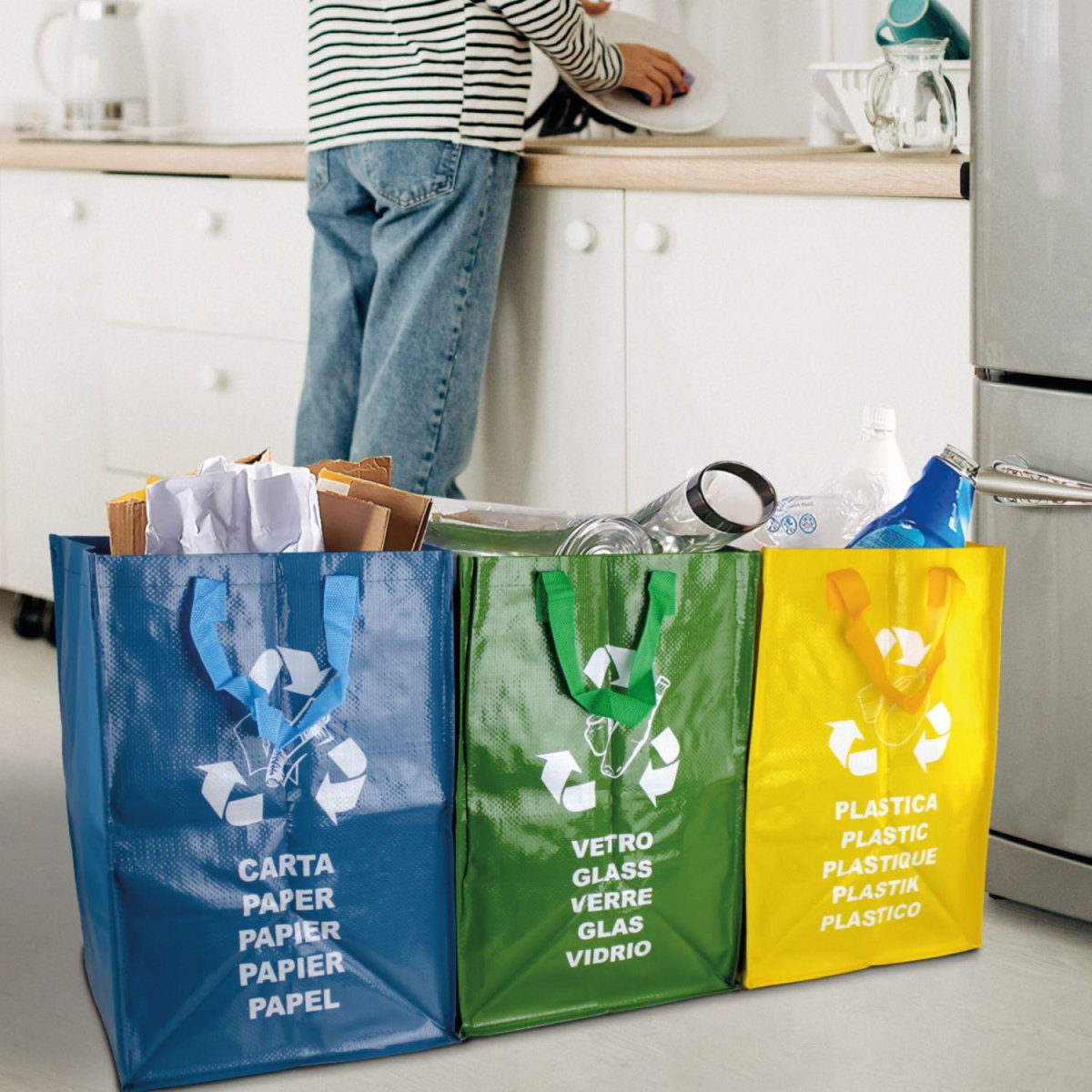 LINXOR Lot de 3 sacs de tri réutilisables pour recyclage des déchets - 130 L