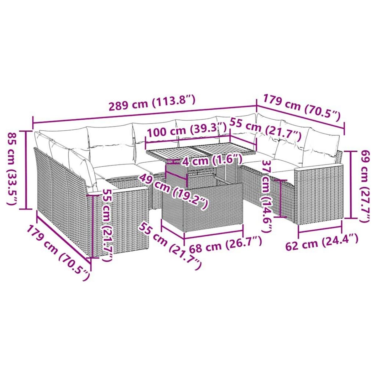 VIDAXL Salon de jardin avec coussins 10pcs beige resine tressee acacia