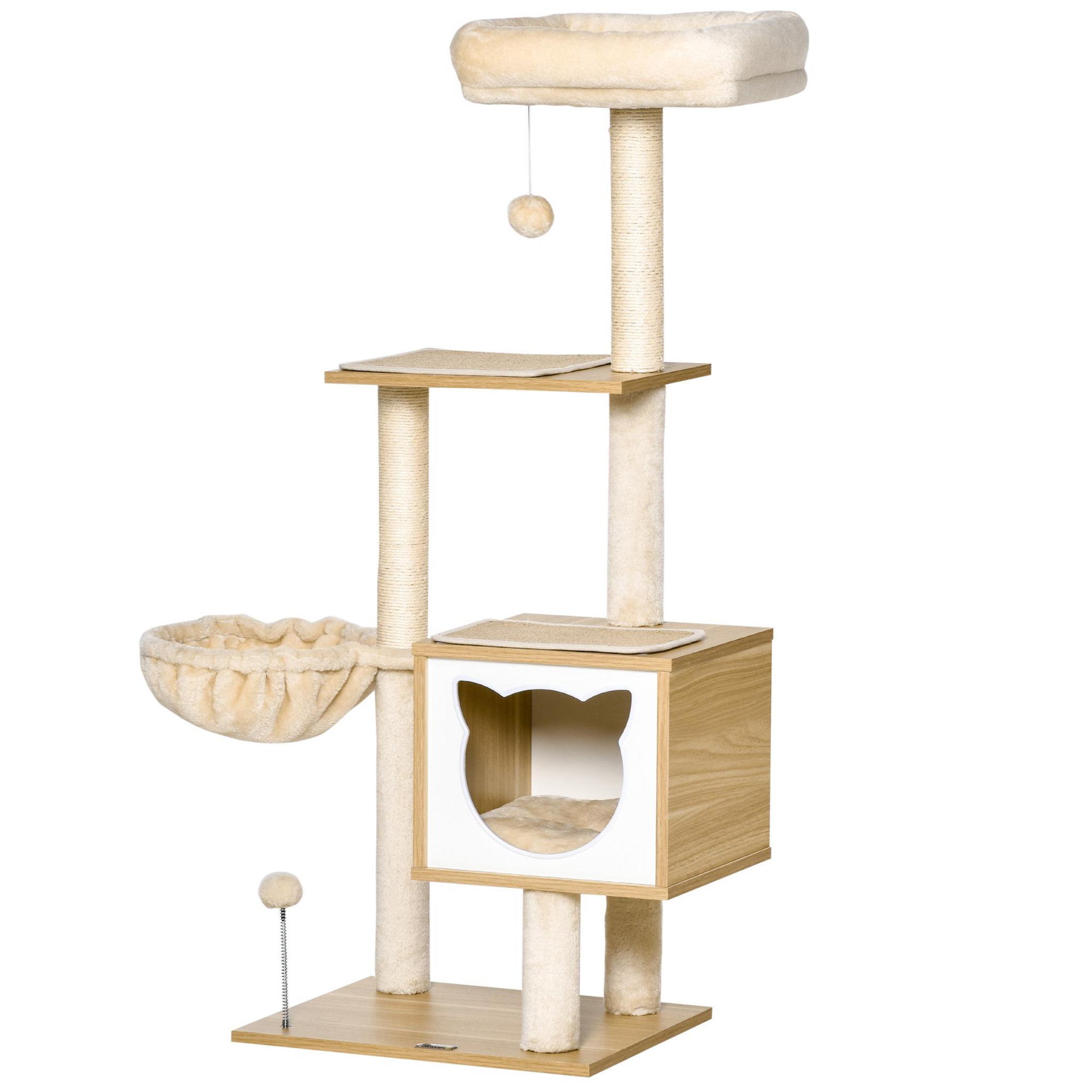 PAWHUT Arbre à chat multi-équipement griffoirs grattoirs niche hamac panier coussins amovibles h126 cm peluche courte sisal naturel beige