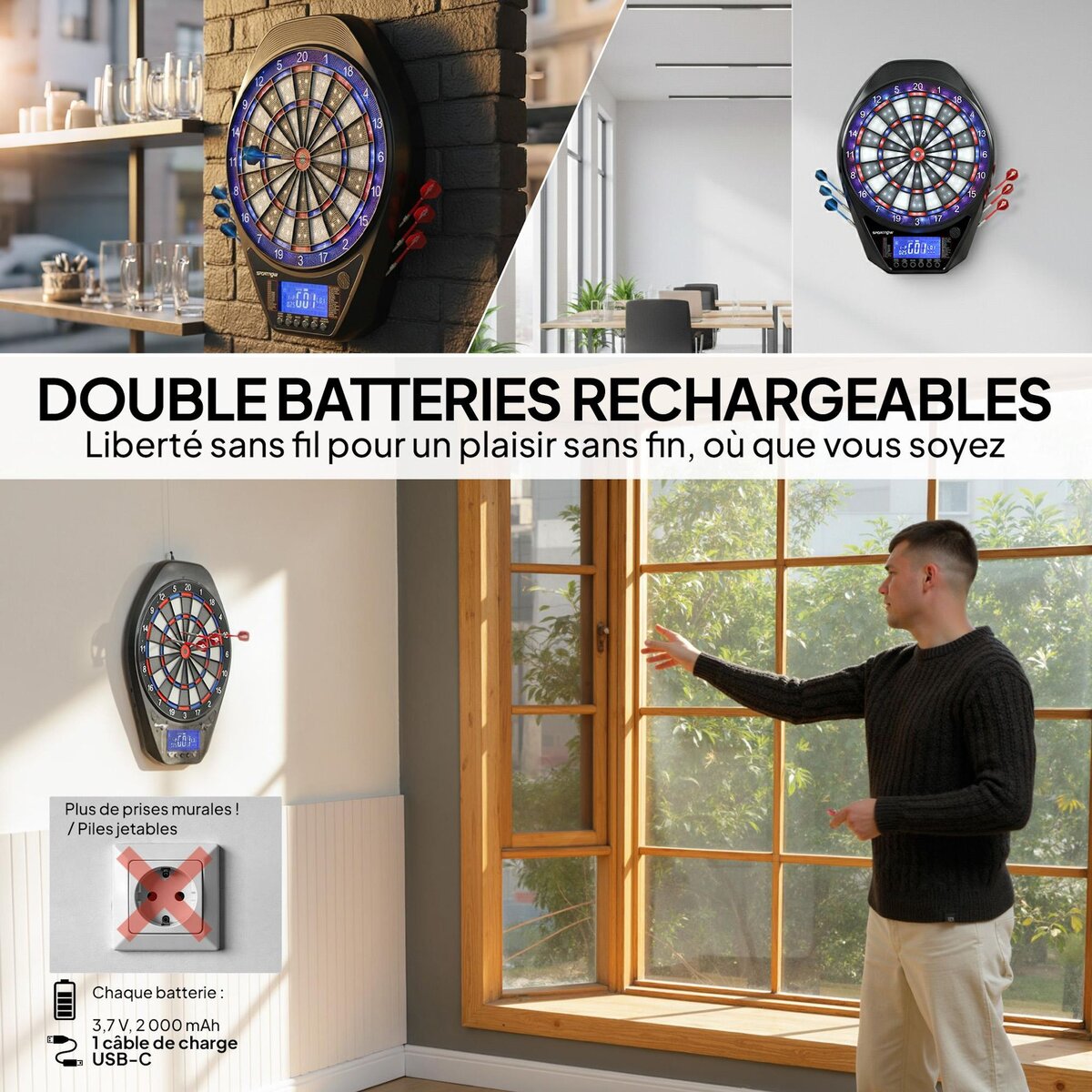 HOMCOM Cible jeu de fléchettes électronique 34 jeux jusqu'à 8 joueurs grand écran LED charge USB-C