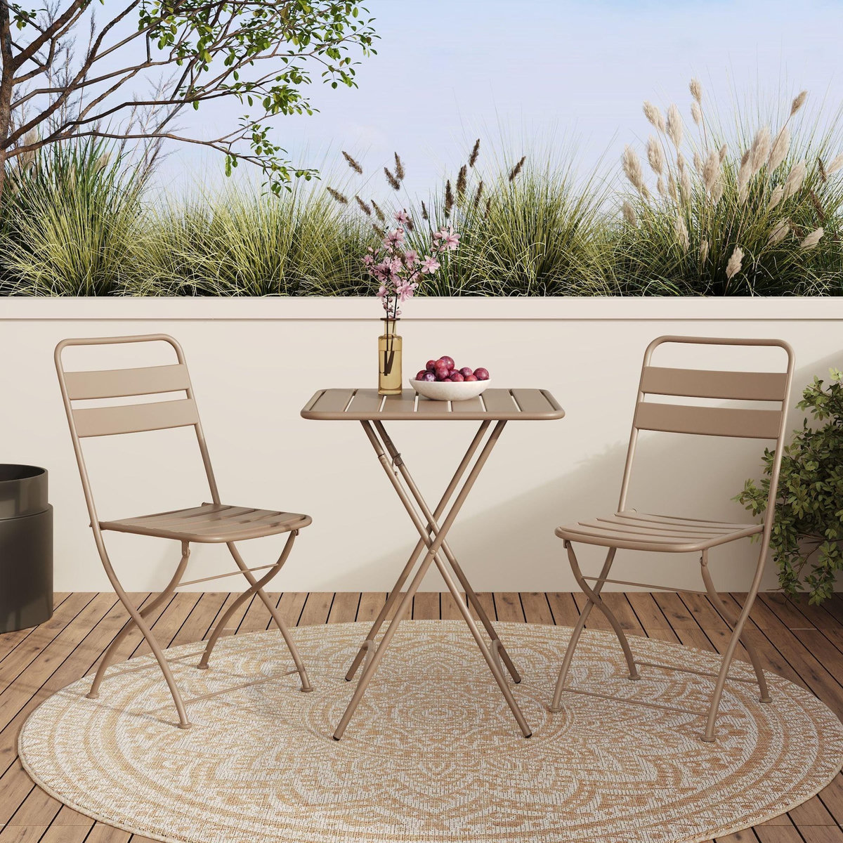 Rendez vous déco Table et chaises de jardin pliantes 2 personnes en métal taupe-Yumi